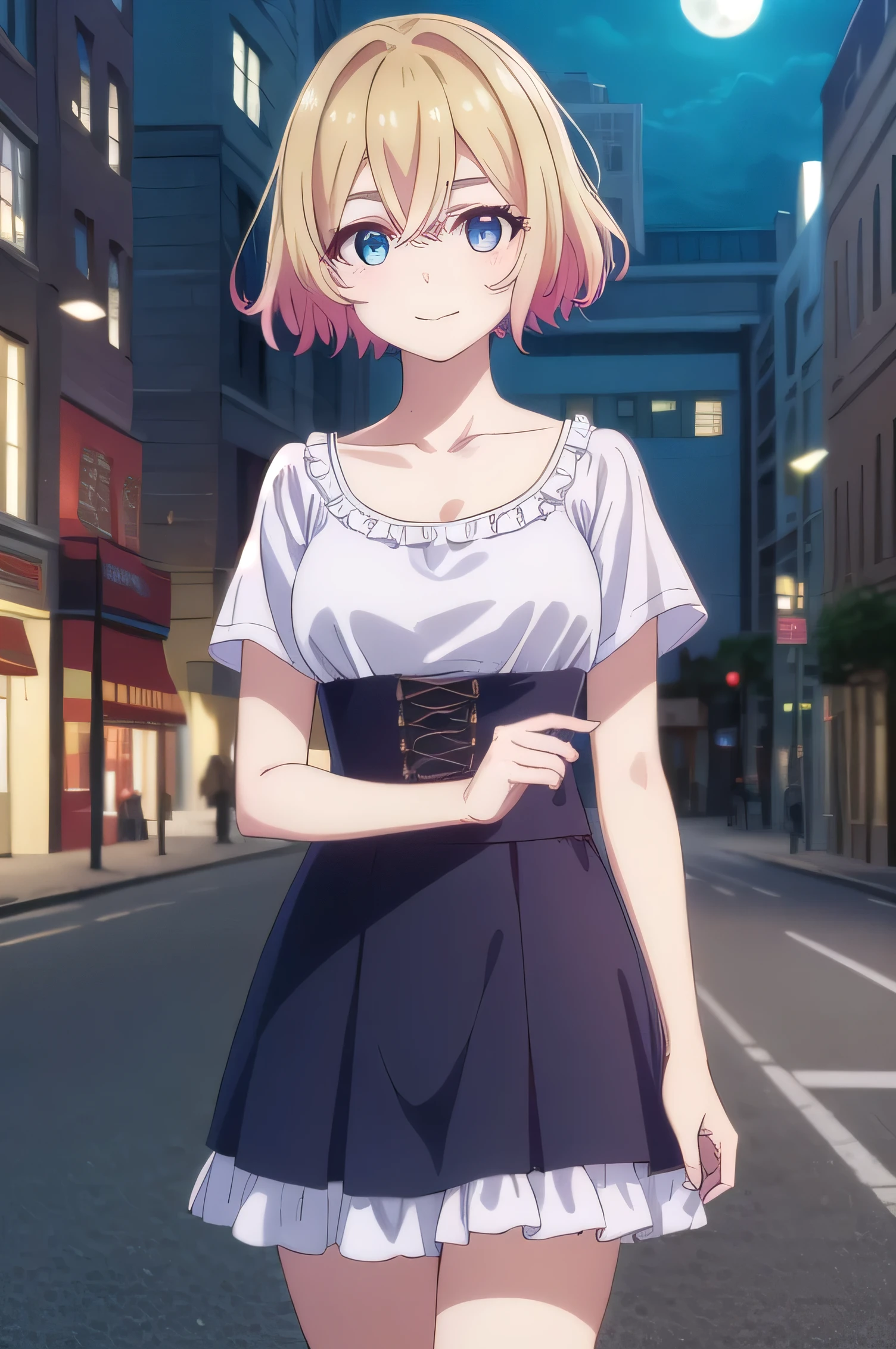 Maminami , Mommy, short haired , blue eyes, blonde hair , hair between eyes , smile,
break skirt, shirt, clavicle, white shirt, Short sleeve, frills, shoes, socks, white socks, corset,
break outdoors, cityscape, building, crowd, people々, moon, null, cloud,
break looking at viewer, ( Cowboy Shots:1.5),
break ( masterpieces during breakfast :1.2), top quality, high definition , unity 8k , (Illustration:0.8), ( BEAUTIFUL DETAILED EYES :1.6), very detailed face , perfect lighting , Highly Detailed CG, ( perfect hand to take a picture of a twat, perfect anatomy ),