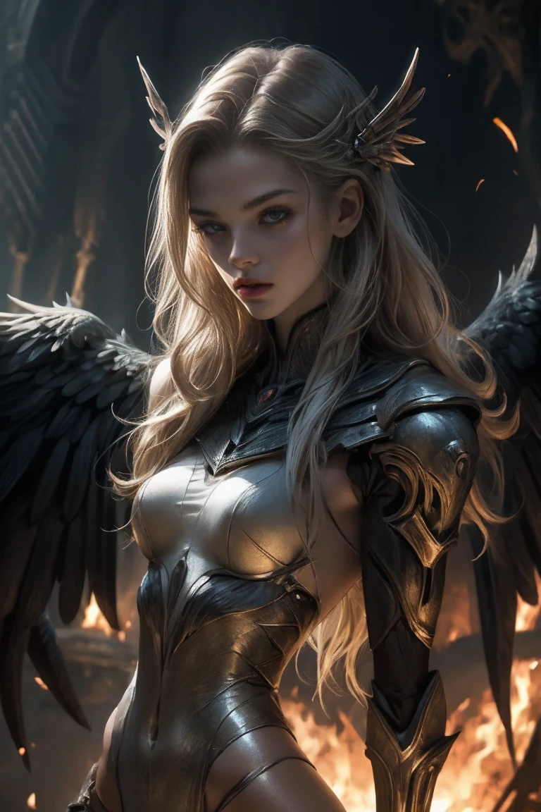 In the darkness, a woman's figure is illuminated by a circular light that frames her head, 18 year old angelic female, complete body, Caucasian skin, short,  body, biomechanical body, bio mechanical arm's, curved lips, long fire hair, bio mechanical legs, battle Valhalla background,  ultra detailed lighting, larg anglic wings,  ultrarealistic, 8k, neon sapphire eyes, 