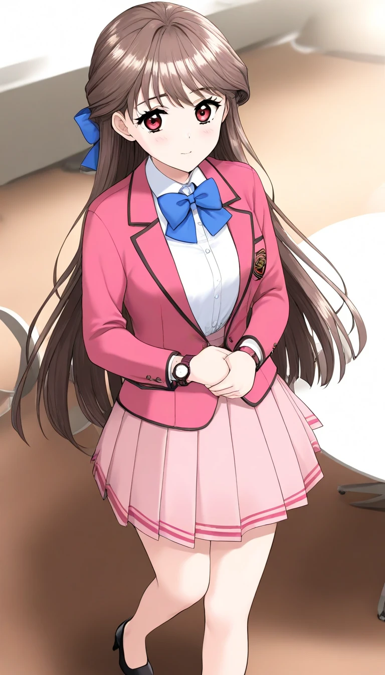   masterpieces during breakfast ,  top quality, Good quality, Love Minami,  1 girl, difficult, long hair,  brown hair, red eyes, bangs,
  1 girl, Alone,  skirt,  school uniform, bow, pink jacket,  Long Sleeve , pleated  skirt, bowtie,  blazer,  shirt, blue bow,  standing,  Watch viewers, blue bowtie, pink  skirt, white  shirt全身スタイル、 black high heel pumps 、