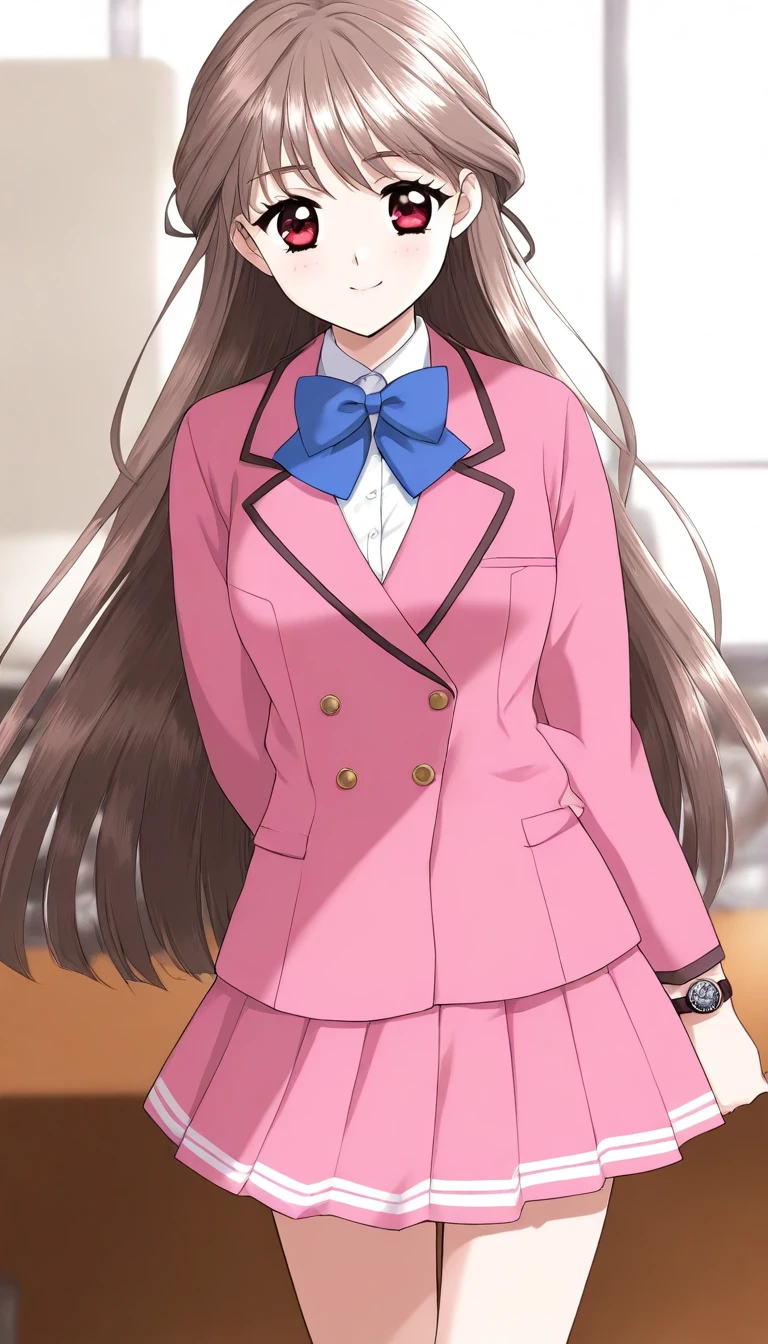   masterpieces during breakfast ,  top quality, Good quality, Love Minami,  1 girl, difficult, long hair,  brown hair, red eyes, bangs,
  1 girl, Alone,  skirt,  school uniform, bow, pink jacket,  Long Sleeve , pleated  skirt, bowtie,  blazer,  shirt, blue bow,  standing,  Watch viewers, blue bowtie, pink  skirt, white  shirt全身スタイル、 black high heel pumps 、