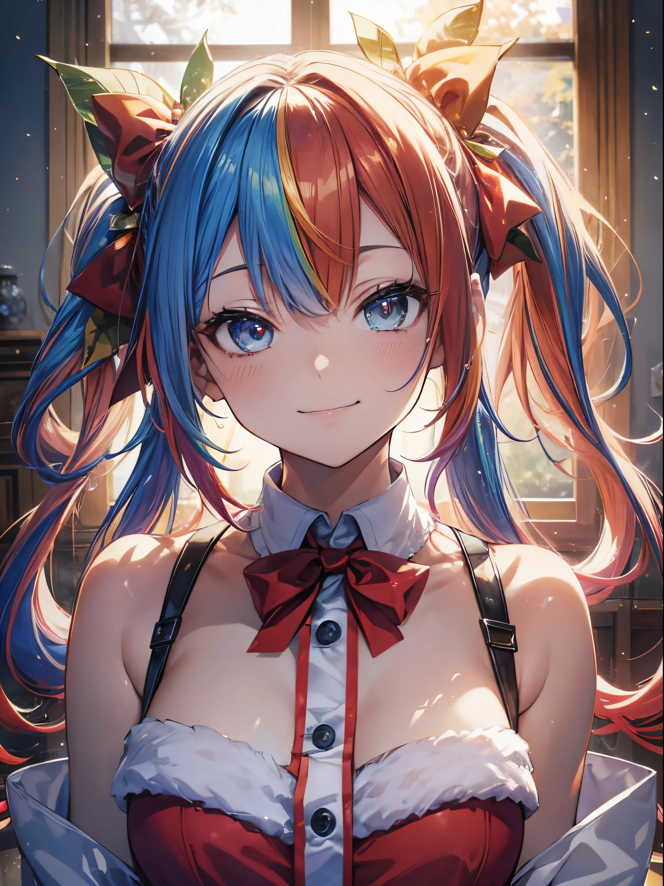 Doing work、At work、(masutepiece:1.3), (8K, Photorealistic, Raw photo, Best Quality: 1.4), Beautiful face, (Realistic face), Beautiful detailed eyes, (Realistic skin), Attractive, Intricate details,Golden ratio, 1 girl,A smile, (rainbow hair:1.4),((Long twintails,Ribbon 1.4)),android girlfriend(Red point color),(Blue butterfly hair ornament),android、机器人、makina,the morning sun,Dynamic Pose,Dynamic Angle,Intricate details, Hyper realistic, Perfect Anatomy、A smile、Smiling、Face enhancement
