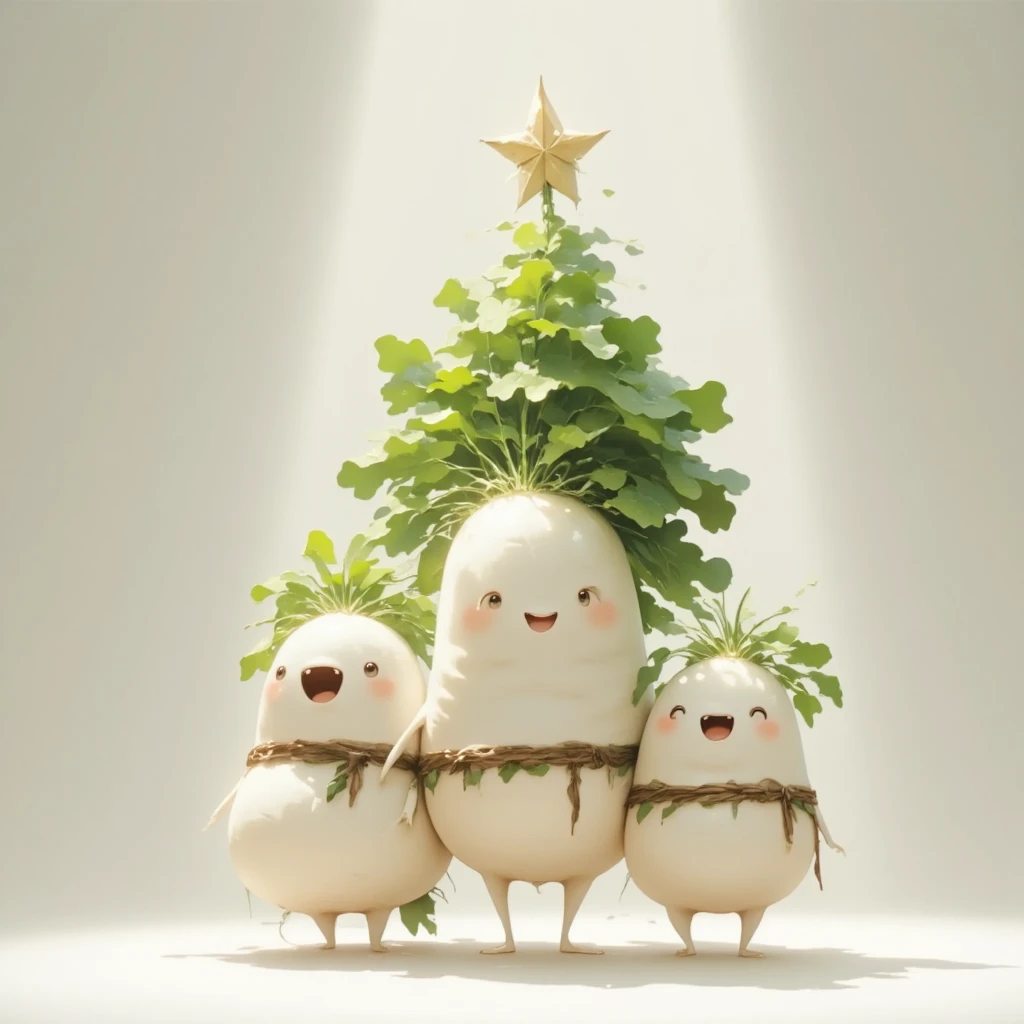 masterpiece, indoor,3 daikon characters,  Christmas tree, gift box to hold out,I'm in a cute room, best quality,HD, high definition ,  anatomically correct,  Ultra High Definition,  very detailed ,  High Quality , Ultra Wide Angle, 8k, illustration