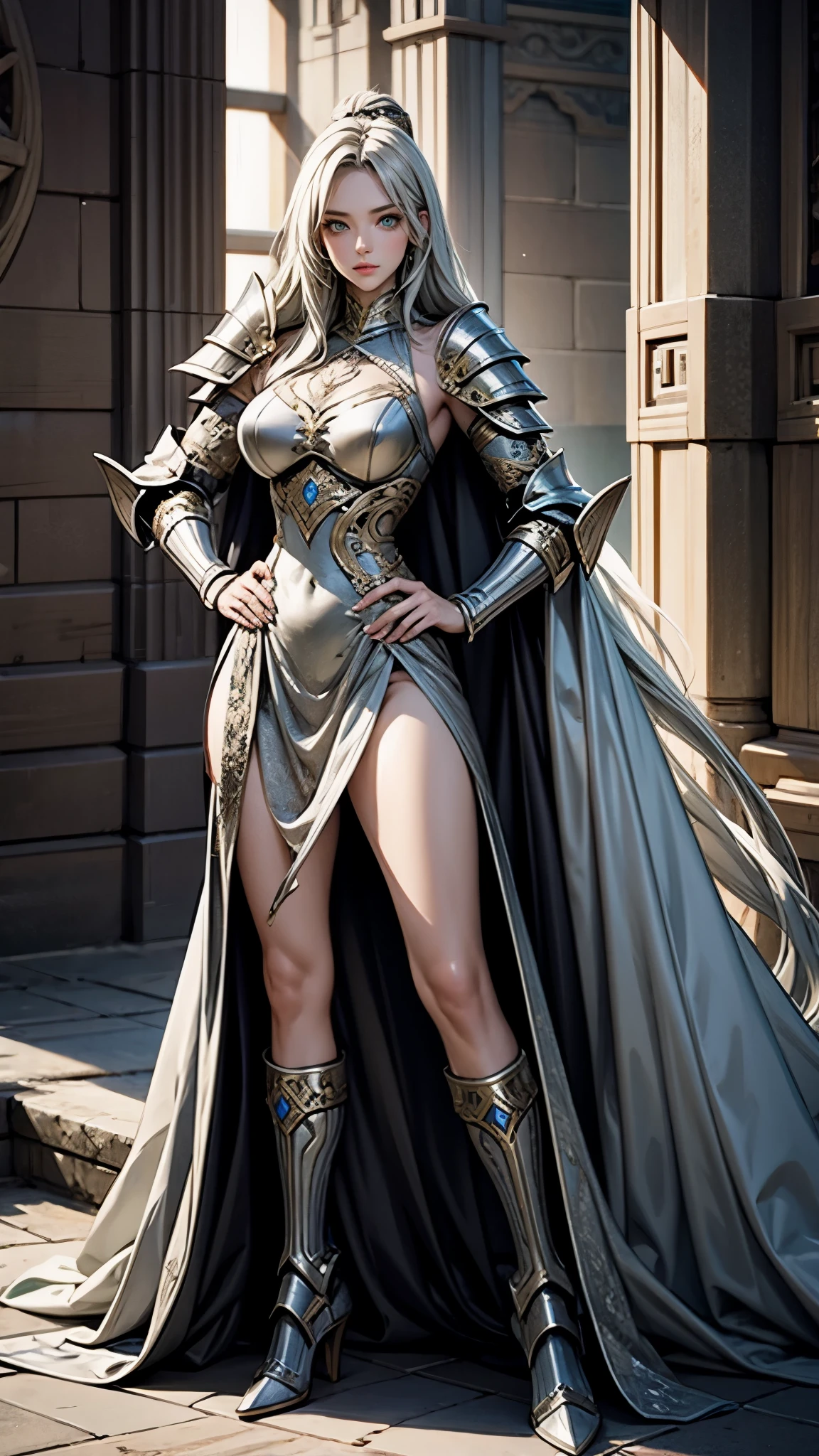 Sensual 24 years old female,dragon slayer, green eyes, long grey hair, (extremely detailed ancient light metal armor, detailed intricate patterned, with intricate magic enchanted light armor , underboobs:0.1), ((extremely detailed ancient light metal armor, dress )), BREAK I can see my belly button, ((Wear intricate designed ornament)), Wear long lather boots with metal protections , ((Place your hand on your hip, holding a long big sword , seductive posture, perfect anatomy), she has been captured audience attention, ), ((extremely description, in beautiful forest, daybreak, magical fantasy )), (((absolutely detailed beautiful face, sexy face, ((extremely detailed, full body)),))).