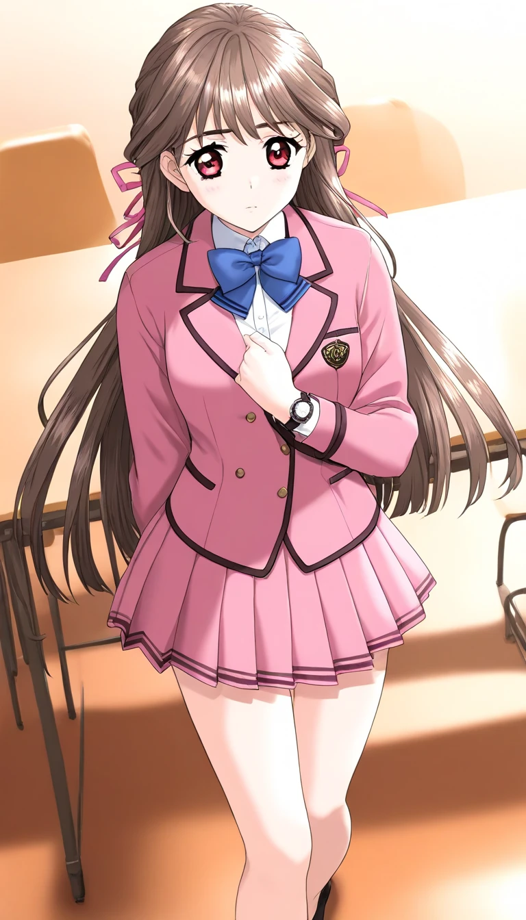   masterpieces during breakfast ,  top quality, Good quality, Love Minami,  1 girl, difficult, long hair,  brown hair, red eyes, bangs,
  1 girl, Alone,  skirt,  school uniform, bow, pink jacket,  Long Sleeve , pleated  skirt, bowtie,  blazer,  shirt, blue bow,  standing,  Watch viewers, blue bowtie, pink  skirt, white  shirt全身スタイル、 black high heel pumps 、