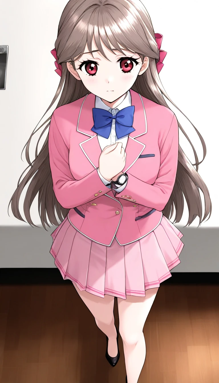   masterpieces during breakfast ,  top quality, Good quality, Love Minami,  1 girl, difficult, long hair,  brown hair, red eyes, bangs,
  1 girl, Alone,  skirt,  school uniform, bow, pink jacket,  Long Sleeve , pleated  skirt, bowtie,  blazer,  shirt, blue bow,  standing,  Watch viewers, blue bowtie, pink  skirt, white  shirt全身スタイル、 black high heel pumps 、