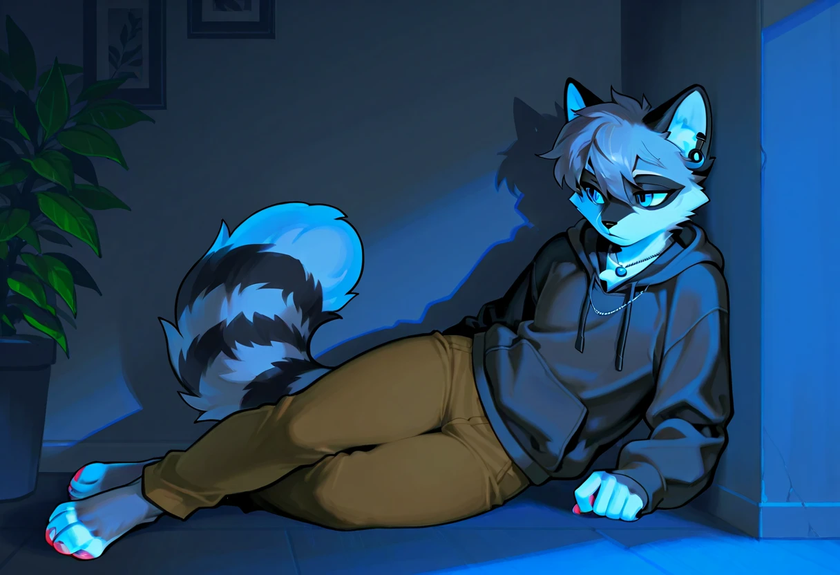 ((by reysi)), Best quality, super detailed illustration, warm colors, Ideal lighting, (Fluffy boy dog:1.6), (Black fur:1.5) ,feminine face and body, disheveled thick gray hair, short shorts, long black stockings, Long-sleeved sweater, in a cosy room, smug smile, tricky glance , Femboy, slim, perfect body, any pose, any angle, doing anything