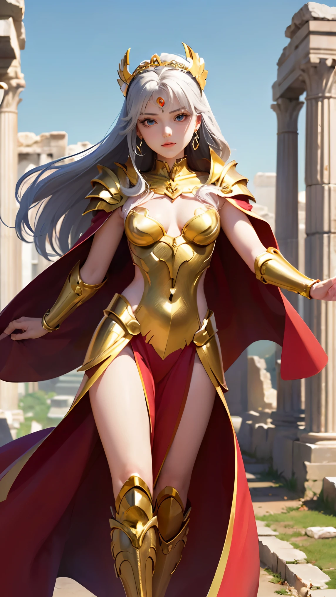 ( top quality,  masterpieces during breakfast,  and aesthetic, Super detailed CG:1.3,  Super detailed description,  perfect anatomy ), ( Head to Thigh Images ) ,  Deep Shadow , (A perfectly beautiful face:1.3), Alone, woman, (saint_Seiya _ style ,  small, elegant hair ornament ,  Stunning Intricate and Beautifully Decorated Armor ),  Detailed Breastplate and Basket , (  She takes a stylish pause from the sky ,  Gate of the Ruins of Good ), (Gray Hair, floating), Captivating breasts,  tiara , knight,  Watch viewers, (Beautiful and timeless face ,  pale pink lips ,  beautiful blue eyes,  attractive expression ),  Anatomically accurate and beautiful body shape , Accurate hand drawing, ( Intricate Details Against the backdrop of ancient Greek ruins ),  sexy waist , Complex Equipment, Golden Armor, (Pegasus Cloth Armor ,saint Seiya  ), dark red cloak,  Detailed illustrated art with background, 