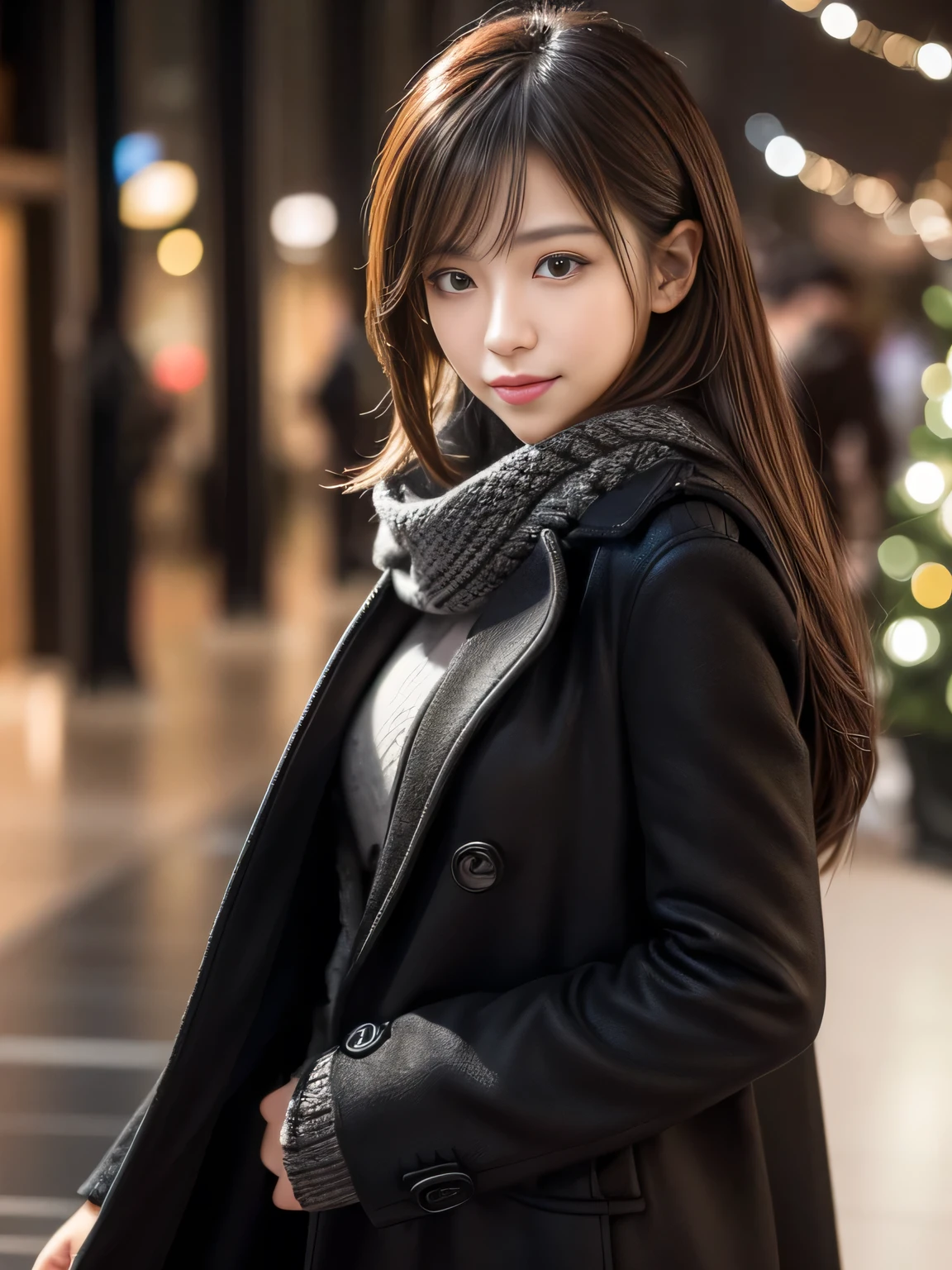 Portraits of attractive Japanese women, Cute and sexy, masterpiece, best quality, ultra-detailed, intricately detailed hyperdetailed, realistic, sharp features, highly detailed, sharp focus, Realistic, Photorealistic:1.3, perfect face, perfect symmetrically eyes, perfect full lips, hyper detailed, hyper realistic, high resolution, Korean idol, fascinate, Beautiful Face, ((Black overcoat:1.2)), light brown hair, Beautiful hairstyle, (winter scarf), (looking at viewer), (ISO800 135mm f1.8 1/160), blurred background, Well-rounded and pretty face, (seductive smile:1.2), (dynamic lighting), (In front of a big Christmas tree),
