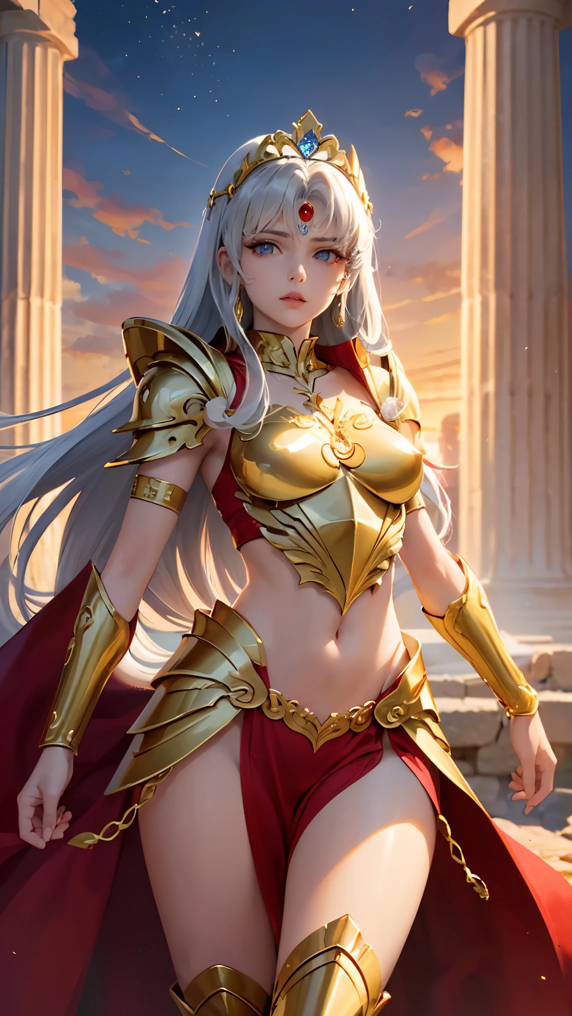 ( top quality,  masterpieces during breakfast,  and aesthetic, Super detailed CG:1.3,  Super detailed description,  perfect anatomy ), ( Head to Thigh Images ) ,  Deep Shadow , (A perfectly beautiful face:1.3), Alone, woman, (saint_Seiya _ style ,  small, elegant hair ornament ,  Stunning Intricate and Beautifully Decorated Armor ),  Detailed Breastplate and Basket , (  she takes a stylish pause from the sky and descends,  Gate of the Ruins of Good ), (Gray Hair, floating), Captivating breasts,  tiara , knight,  Watch viewers, (Beautiful and timeless face ,  pale pink lips ,  beautiful blue eyes,  attractive expression ),  Anatomically accurate and beautiful body shape , Accurate hand drawing, ( intricate detail against the backdrop of ancient Greek ruins ),  sexy waist , Complex Equipment, Golden Armor, (Pegasus Cloth Armor ,saint Seiya  ), dark red cloak,  Detailed illustrated art with background, 