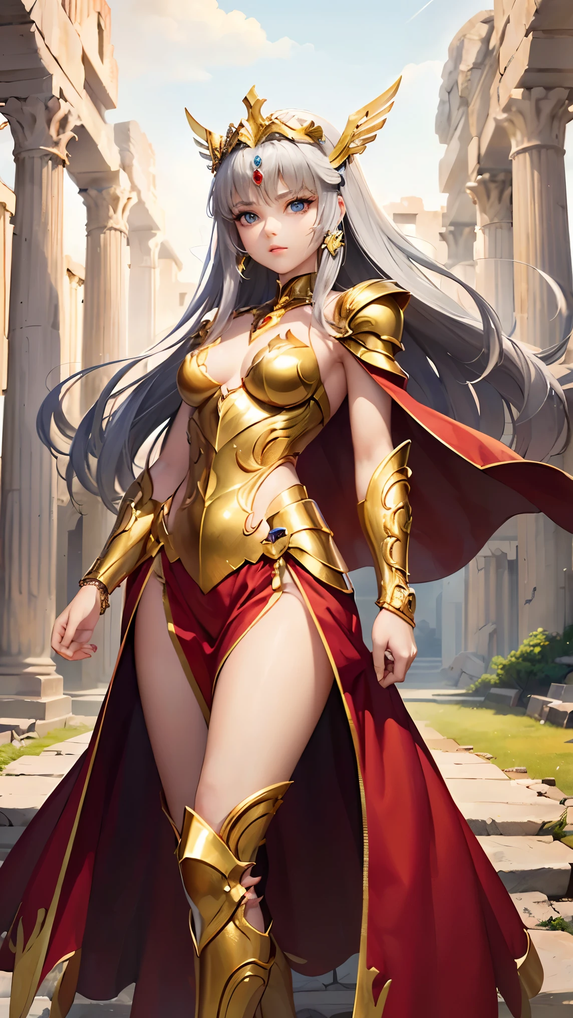 ( top quality,  masterpieces during breakfast,  and aesthetic, Super detailed CG:1.3,  Super detailed description,  perfect anatomy ), ( Head to Thigh Images ) ,  Deep Shadow , (A perfectly beautiful face:1.3), Alone, woman, (saint_Seiya _ style ,  small, elegant hair ornament ,  Stunning Intricate and Beautifully Decorated Armor ),  Detailed Breastplate and Basket , (  She takes a stylish pause from the sky ,  Gate of the Ruins of Good ), (Gray Hair, floating), Captivating breasts,  tiara , knight,  Watch viewers, (Beautiful and timeless face ,  pale pink lips ,  beautiful blue eyes,  attractive expression ),  Anatomically accurate and beautiful body shape , Accurate hand drawing, ( Intricate Details Against the backdrop of ancient Greek ruins ),  sexy waist , Complex Equipment, Golden Armor, (Pegasus Cloth Armor ,saint Seiya  ), dark red cloak,  Detailed illustrated art with background, 