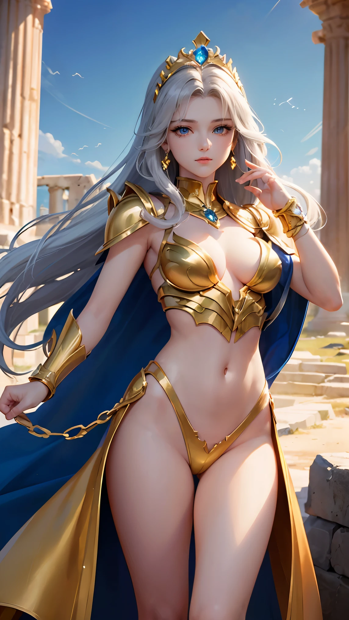 ( top quality,  masterpieces during breakfast,  and aesthetic, Super detailed CG:1.3,  Super detailed description,  perfect anatomy ), ( Head to Thigh Images ) ,  Deep Shadow , (A perfectly beautiful face:1.3), Alone, woman, (saint_Seiya _ style ,  small, elegant hair ornament ,  Stunning Intricate and Beautifully Decorated Armor ),  Detailed Breastplate and Basket , (  She takes a stylish pause from the sky ,  Gate of the Ruins of Good ), (Gray Hair, floating), Captivating breasts,  tiara , knight,  Watch viewers, (Beautiful and timeless face ,  pale pink lips ,  beautiful blue eyes,  attractive expression ),  Anatomically accurate and beautiful body shape , Accurate hand drawing, ( Intricate Details Against the backdrop of ancient Greek ruins ),  sexy waist , Complex Equipment, Golden Armor, (Pegasus Cloth Armor ,saint Seiya  ), dark red cloak,  Detailed illustrated art with background, 