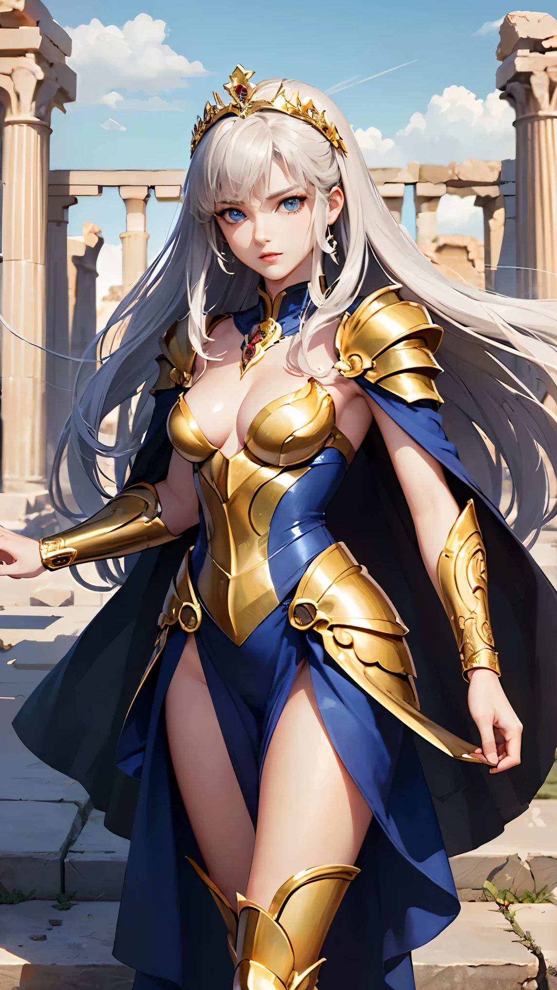 ( top quality,  masterpieces during breakfast,  and aesthetic, Super detailed CG:1.3,  Super detailed description,  perfect anatomy ), ( Head to Thigh Images ) ,  Deep Shadow , (A perfectly beautiful face:1.3), Alone, woman, (saint_Seiya _ style ,  small, elegant hair ornament ,  Stunning Intricate and Beautifully Decorated Armor ),  Detailed Breastplate and Basket , (  She takes a stylish pause from the sky ,  Gate of the Ruins of Good ), (Gray Hair, floating), Captivating breasts,  tiara , knight,  Watch viewers, (Beautiful and timeless face ,  pale pink lips ,  beautiful blue eyes,  attractive expression ),  Anatomically accurate and beautiful body shape , Accurate hand drawing, ( Intricate Details Against the backdrop of ancient Greek ruins ),  sexy waist , Complex Equipment, Golden Armor, (Pegasus Cloth Armor ,saint Seiya  ), dark red cloak,  Detailed illustrated art with background, 