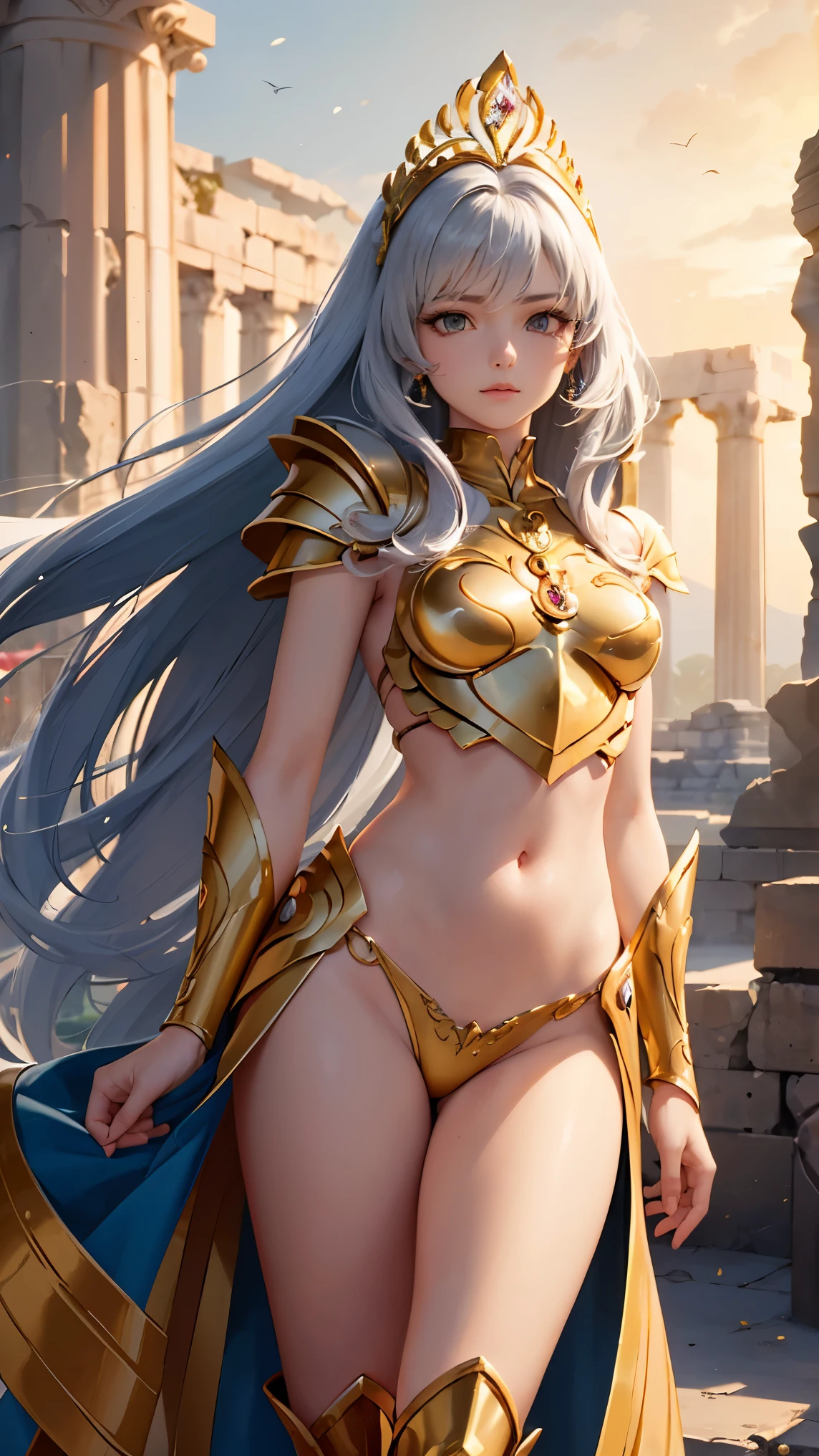 ( top quality,  masterpieces during breakfast,  and aesthetic, Super detailed CG:1.3,  Super detailed description,  perfect anatomy ), ( Head to Thigh Images ) ,  Deep Shadow , (A perfectly beautiful face:1.3), Alone, woman, (saint_Seiya _ style ,  small, elegant hair ornament ,  Stunning Intricate and Beautifully Decorated Armor ),  Detailed Breastplate and Basket , (  She takes a stylish pause from the sky ,  Gate of the Ruins of Good ), ( Head to Thigh Images ), (Gray Hair, floating), Captivating breasts,  tiara , knight,  Watch viewers, (Beautiful and timeless face ,  attractive expression ),  Anatomically accurate and beautiful body shape , Accurate hand drawing, ( Intricate Details Against the backdrop of ancient Greek ruins ),  sexy waist , Complex Equipment, Golden Armor, (Pegasus Cloth Armor ,saint Seiya  ), ( pale pink lips : 0.8),  Detailed illustrated art with background, 