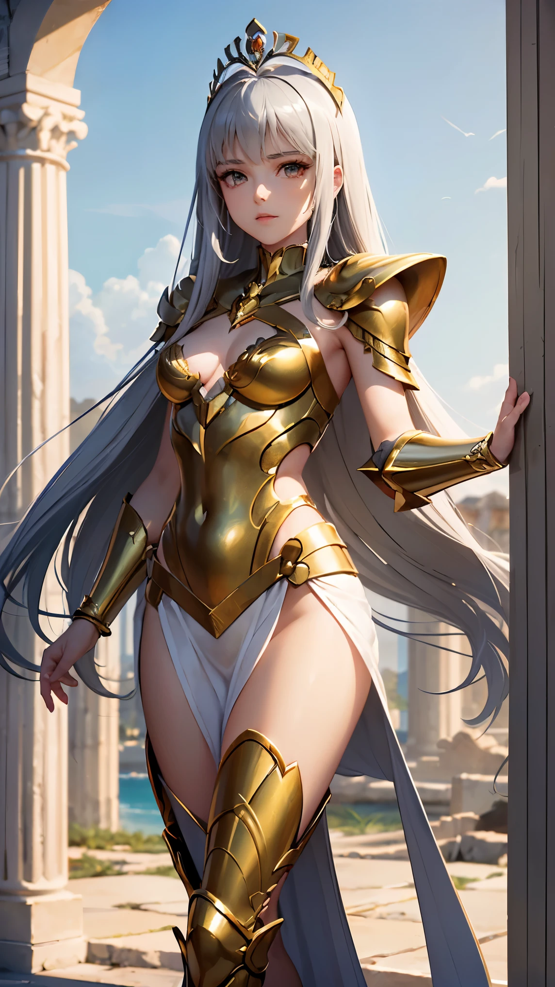 ( top quality,  masterpieces during breakfast,  and aesthetic, Super detailed CG:1.3,  Super detailed description,  perfect anatomy ), ( Head to Thigh Images ) ,  Deep Shadow , (A perfectly beautiful face:1.3), Alone, woman, (saint_Seiya _ style ,  small, elegant hair ornament ,  Stunning Intricate and Beautifully Decorated Armor ),  Detailed Breastplate and Basket , (  she takes a stylish pause from the sky and descends,  Gate of the Ruins of Good ), ( Head to Thigh Images ), (Gray Hair, floating), Captivating breasts,  tiara , knight,  Watch viewers, (Beautiful and timeless face ,  attractive expression ),  Anatomically accurate and beautiful body shape , Accurate hand drawing, ( intricate detail against the backdrop of ancient Greek ruins ),  sexy waist , Complex Equipment, Golden Armor, (Pegasus Cloth Armor ,saint Seiya  ), ( pale pink lips : 0.8),  Detailed illustrated art with background, 