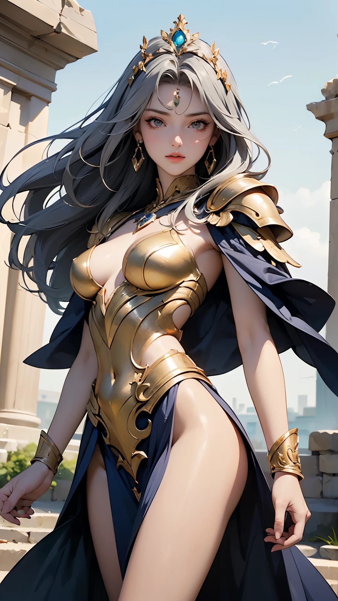 ( top quality,  masterpieces during breakfast,  and aesthetic, Super detailed CG:1.3,  Super detailed description,  perfect anatomy ), ( Head to Thigh Images ) ,  Deep Shadow , (A perfectly beautiful face:1.3), Alone, woman, (saint_Seiya _ style ,  small, elegant hair ornament ,  Stunning Intricate and Beautifully Decorated Armor ),  Detailed Breastplate and Basket , (  She takes a stylish pause from the sky ,  Gate of the Ruins of Good ), ( Head to Thigh Images ), (Gray Hair, floating), Captivating breasts,  tiara , knight,  Watch viewers, (Beautiful and timeless face ,  attractive expression ),  Anatomically accurate and beautiful body shape , Accurate hand drawing, ( Intricate Details Against the backdrop of ancient Greek ruins ),  sexy waist , Complex Equipment, Golden Armor, (Pegasus Cloth Armor ,saint Seiya  ), ( pale pink lips : 0.8),  Detailed illustrated art with background, 