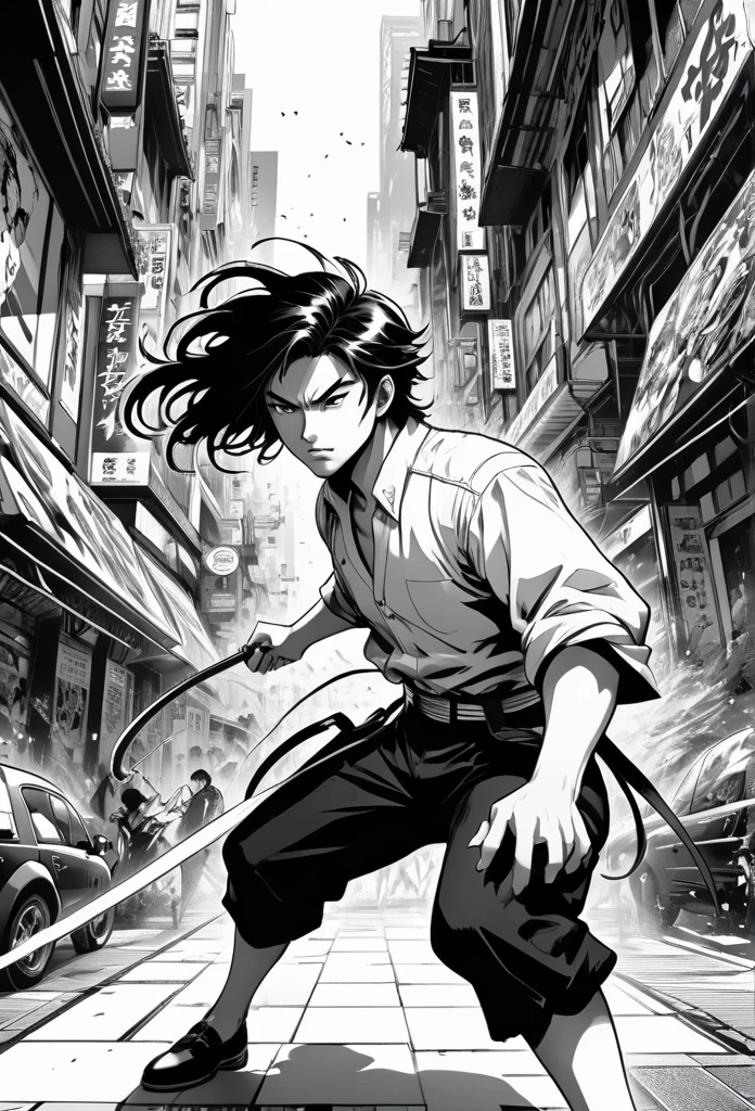 in black and white、 Comics in Chrome、japanese manga、"Create a highly detailed comic book page with multiple panels, showcasing dynamic action and intense emotion. The style should be clean, with bold lines and intricate shading, capturing a dramatic scene. Focus on realistic proportions and expressive characters, with background elements enhancing the mood. The page should feature a mix of close-ups, wide shots, and dramatic angles, maintaining a strong visual flow. Include vivid monochrome tones, with attention to contrast and depth, ensuring the page is well-composed, engaging, and visually stunning."