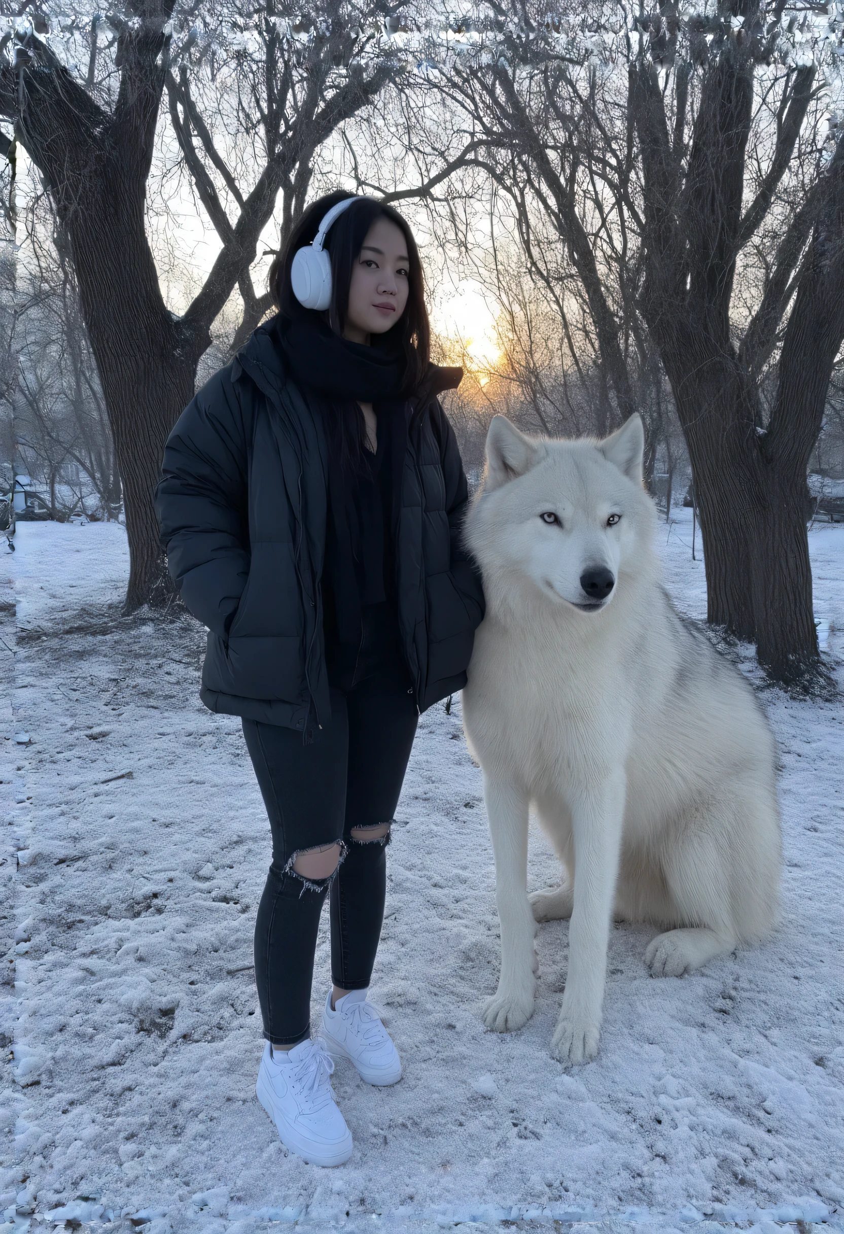 A young cubby Asian woman in full makeup and make-up, a soft black puffer jacket and white earmuffs and black ripped jeans and white shoes, stands thoughtfully, wrapped in a cozy scarf. and beside him is a large white wolf, setting a scene of contemplation in a snowy park at dusk. The ground was covered in snow, and the leafless trees created a serene backdrop. The signs of sunset faded in the sky, casting a warm glow over the cold landscape. Captures the serene beauty of winter, emphasizing feelings of serenity and introspection