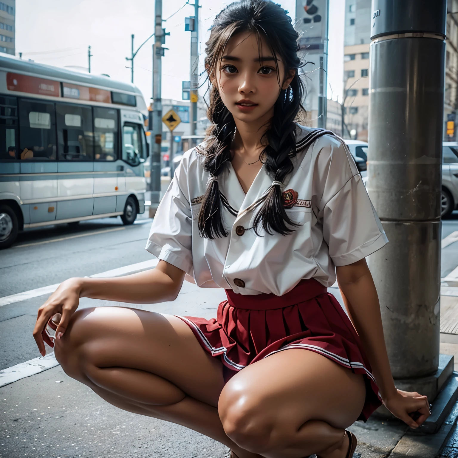  1 girl, high definition ,  High Quality ,  masterpieces during breakfast , white sailor suit, red ribbon,  braided ,Super beautiful girl,dark skin, enchanting face 、Highly detailed faces、 perfect face、golden balance,Professional photography,In the city, mini pleated skirt to hide crotch, crouching 
