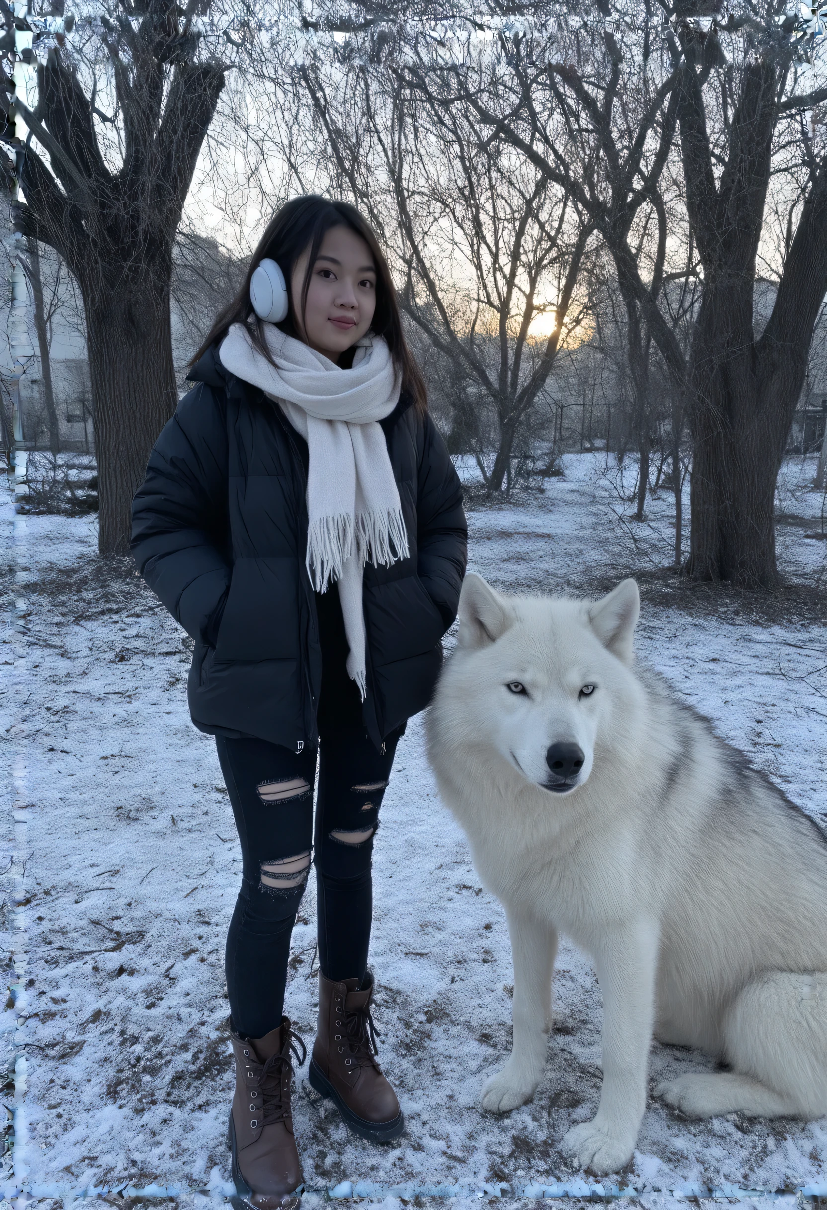 A young Asian cubby woman in full makeup and make-up, a soft black puffer jacket and white earmuffs and black ripped jeans and  coklat boots, stands thoughtfully, wrapped in a cozy scarf. and beside him is a large white wolf, setting a scene of contemplation in a snowy park at dusk. The ground was covered in snow, and the leafless trees created a serene backdrop. The signs of sunset faded in the sky, casting a warm glow over the cold landscape. Captures the serene beauty of winter, emphasizing feelings of serenity and introspection