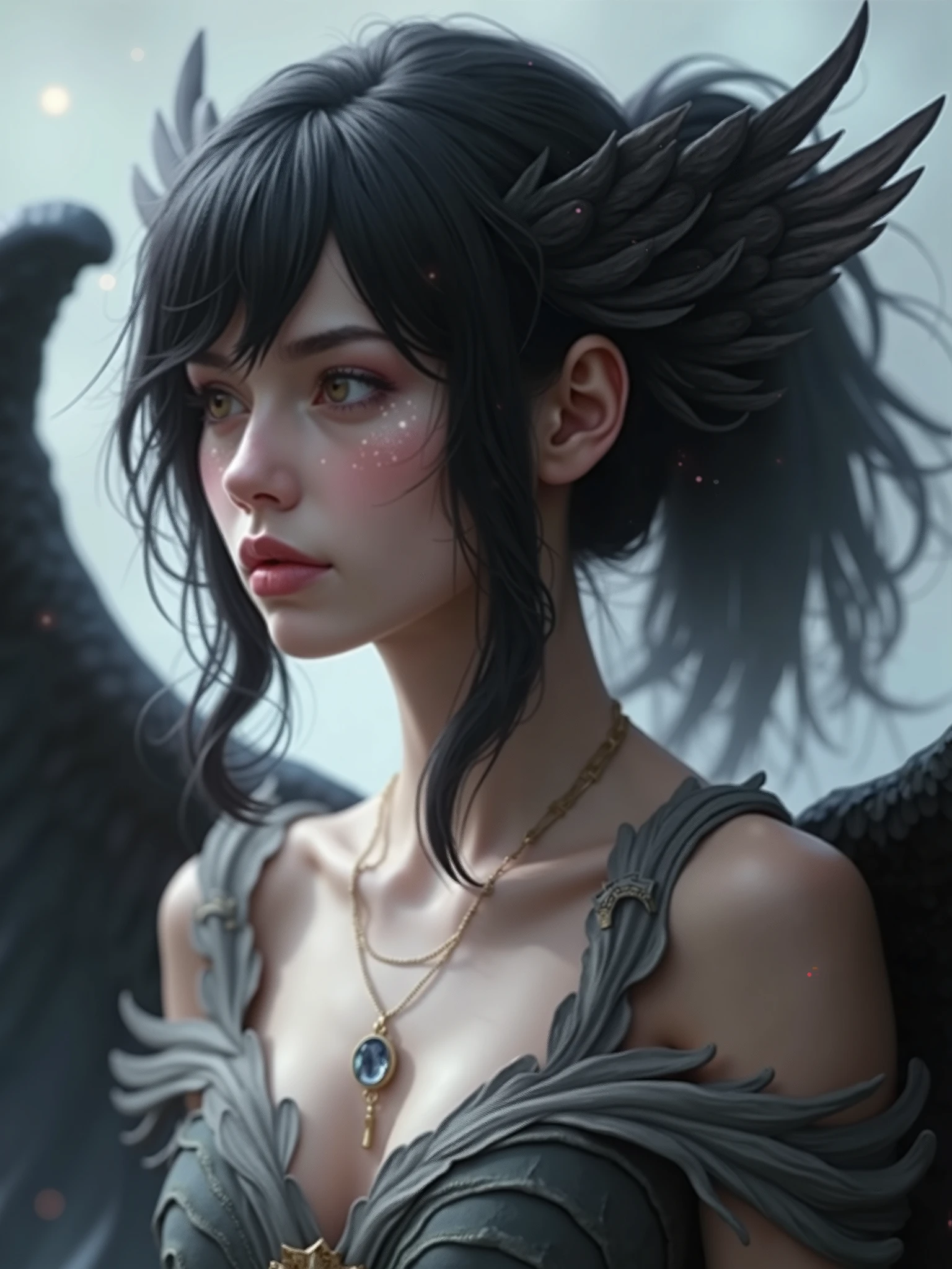 portrait of a beautiful women, small breasts, intricate dress, soft smile, black lips, black, golden eyes, realism, masterpiece, archangel, angel wings, silk dress, wind
