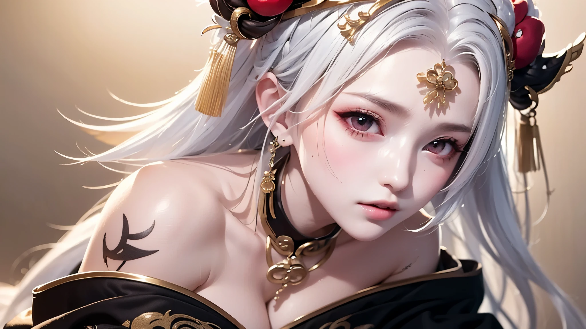 super high quality, masterpiece, Perfect illustration, Very detailed:1.6, 1girl, 23 years old, cute girl, white hair, large breasts, bright skin, Tattoo under the eyes. fantasy royalty, onmyoji, galaxy clothes. majesty, asian dress. black and gold clothes. simple background