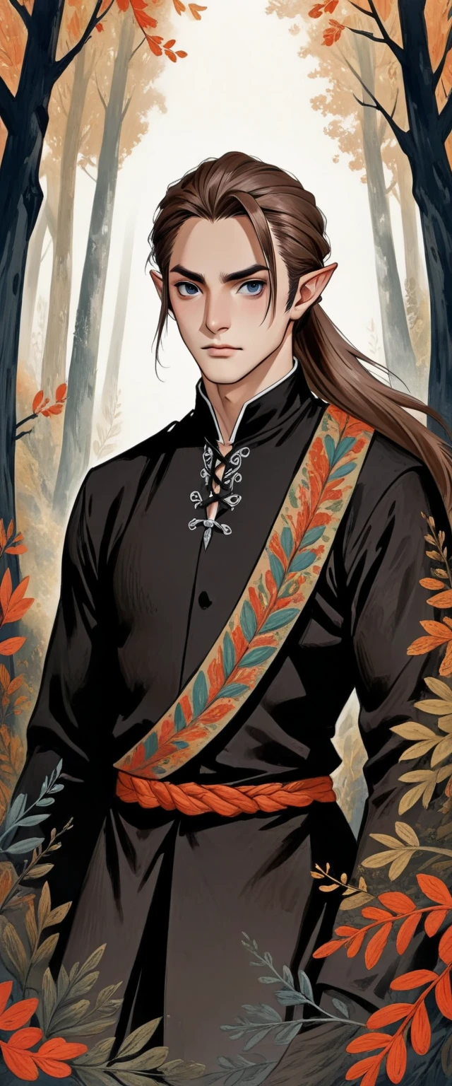 2D ART, hyper detailed gouache painting, illustration, gougoupaintleaves style, portrait of a man, 1boy, solo, long_hair, braided brown hair, high_ponytail_hairstyle, male_drow:1.5, dark elf, black eyes, black_sclera, detailed face, handsome features, dark medieval tunic, pointy ears, standing in a dark forest, pov from_below, frontal full body shot, on simple white background, full body shot, very detailed, ren's picture books