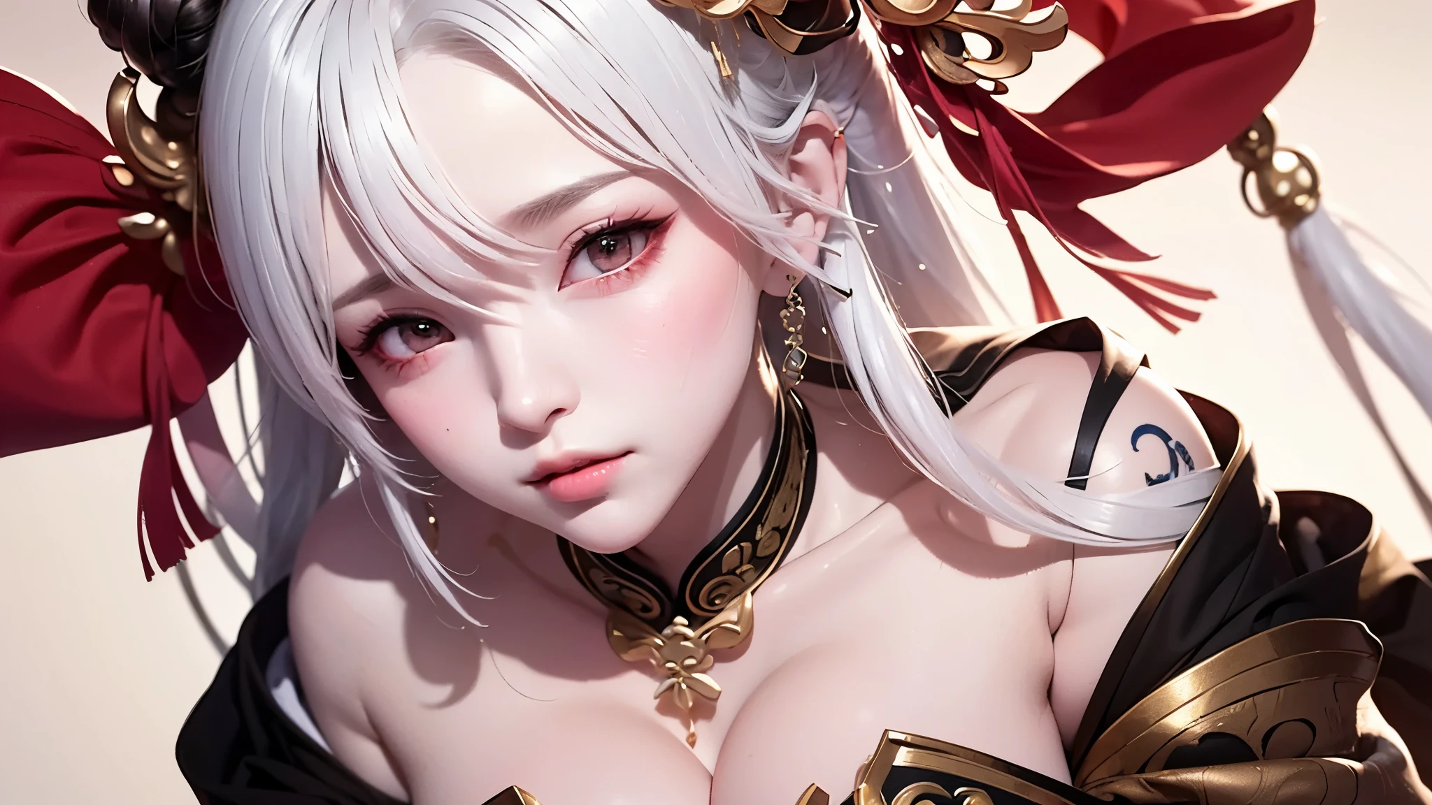 super high quality, masterpiece, Perfect illustration, Very detailed:1.6, 1girl, 23 years old, cute girl, white hair, large breasts, bright skin, Tattoo under the eyes. fantasy royalty, onmyoji, galaxy clothes. majesty, asian dress. black and gold clothes. simple background
