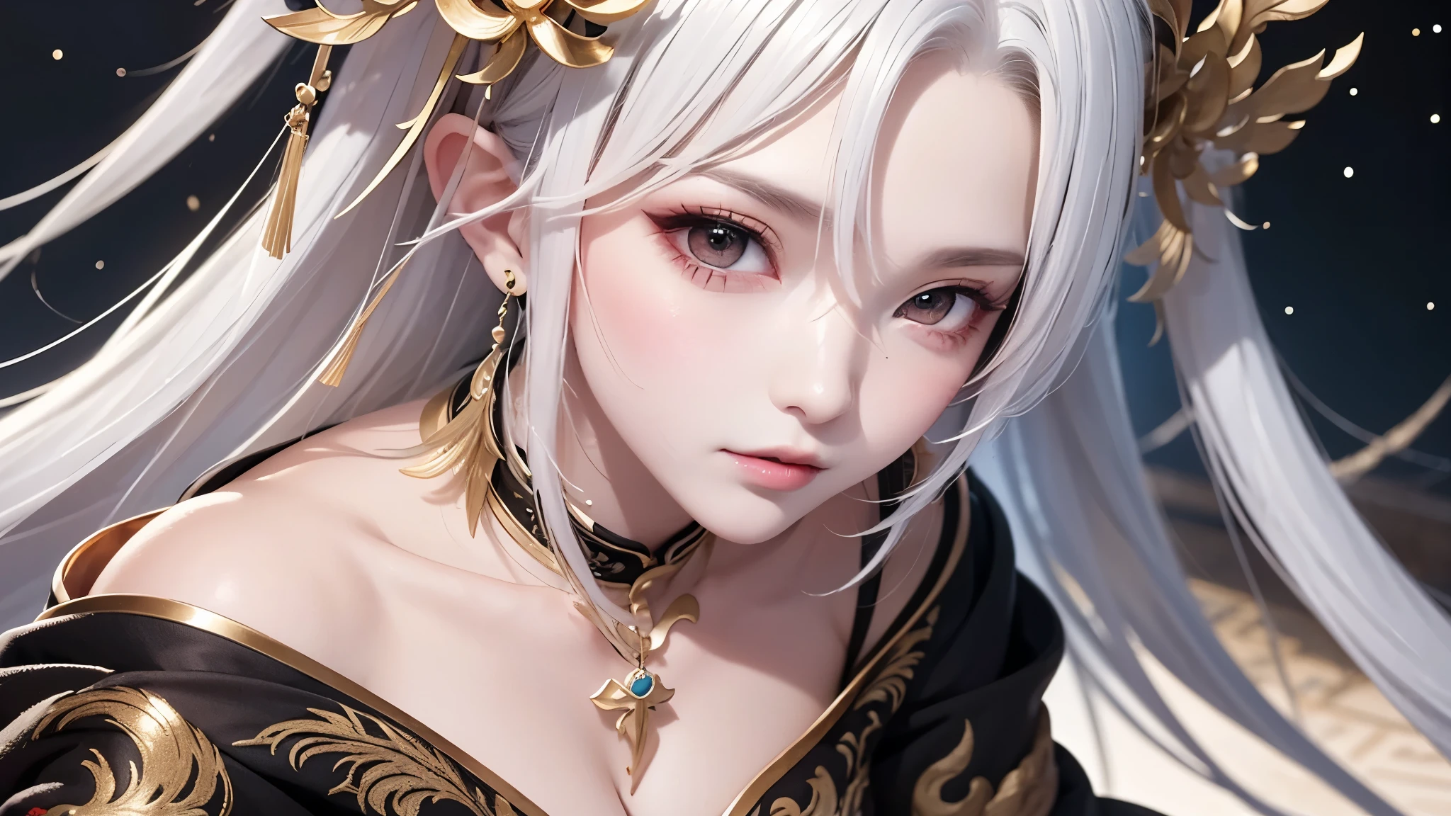 super high quality, masterpiece, Perfect illustration, Very detailed:1.6, 1girl, white hair, large breasts, bright skin, Tattoo under the eyes. fantasy royalty, onmyoji, galaxy clothes. majesty, asian dress. black and gold clothes. simple background
