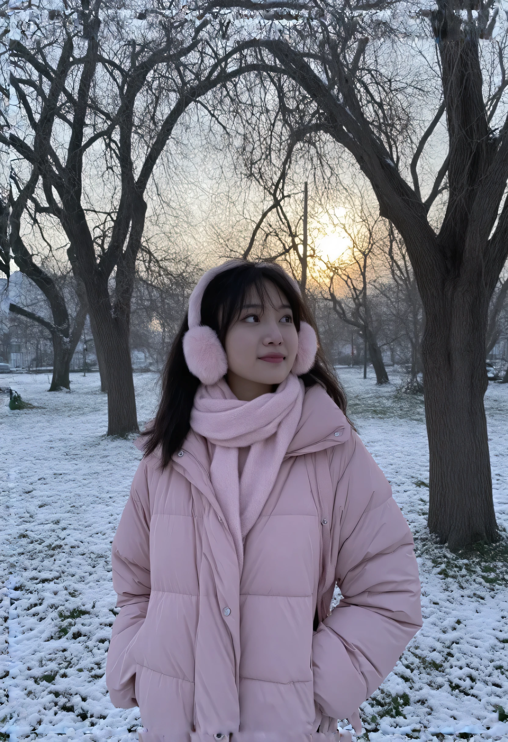 A young Asian woman in full makeup and makeup, in a soft pink puffer jacket and pink earmuffs stands thoughtfully, wrapped in a cozy scarf. View of contemplation in a snowy park at dusk. The ground was covered in snow, and the leafless trees created a serene backdrop. Hints of sunset faded in the sky, casting a warm glow over the cold landscape. Captures the serene beauty of winter, emphasizing feelings of serenity and introspection.