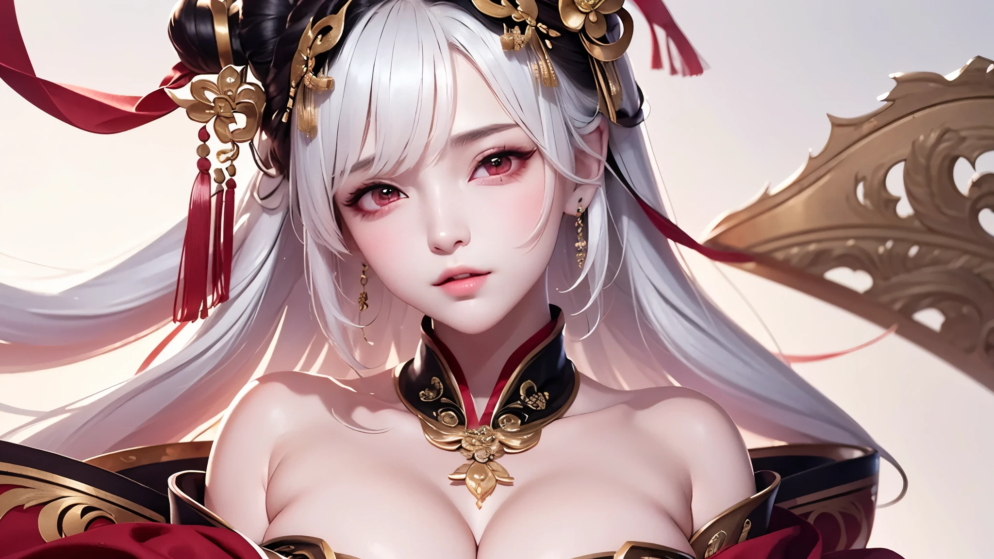 super high quality, masterpiece, Perfect illustration, Very detailed:1.6, 1girl, 23 years old, cute girl, white hair, large breasts, bright skin, Tattoo under the eyes. fantasy royalty, onmyoji, majesty, asian dress. black and gold clothes. simple background
