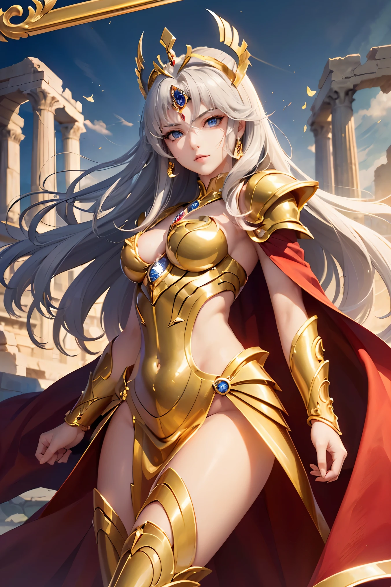 ( top quality,  masterpieces during breakfast,  and aesthetic, Super detailed CG:1.3,  Super detailed description,  perfect anatomy ), ( Head to Thigh Images ) ,  Deep Shadow , (A perfectly beautiful face:1.3), Alone, woman, (saint_Seiya _ style ,  small, elegant hair ornament ,  Stunning Intricate and Beautifully Decorated Armor ),  Detailed Breastplate and Basket , (  She takes a stylish pause from the sky ,  Gate of the Ruins of Good ), (Gray Hair, floating), Captivating breasts,  tiara , knight,  Watch viewers, (Beautiful and timeless face ,  pale pink lips ,  beautiful blue eyes,  attractive expression ),  Anatomically accurate and beautiful body shape , Accurate hand drawing, ( Intricate Details Against the backdrop of ancient Greek ruins ),  sexy waist , Complex Equipment, Golden Armor, (Pegasus Cloth Armor ,saint Seiya  ), dark red cloak,  Detailed illustrated art with background, 