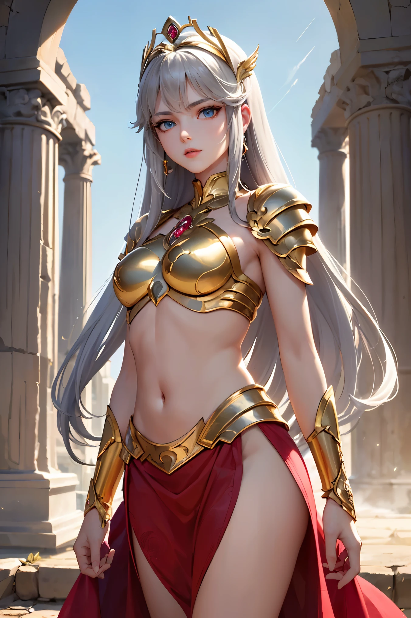 ( top quality,  masterpieces during breakfast,  and aesthetic, Super detailed CG:1.3,  Super detailed description,  perfect anatomy ), ( Head to Thigh Images ) ,  Deep Shadow , (A perfectly beautiful face:1.3), Alone, woman, (saint_Seiya _ style ,  small, elegant hair ornament ,  Stunning Intricate and Beautifully Decorated Armor ),  Detailed Breastplate and Basket , (  she takes a stylish pause from the sky and descends,  Gate of the Ruins of Good ), (Gray Hair, floating), Captivating breasts,  tiara , knight,  Watch viewers, (Beautiful and timeless face ,  pale pink lips ,  beautiful blue eyes,  attractive expression ),  Anatomically accurate and beautiful body shape , Accurate hand drawing, ( intricate detail against the backdrop of ancient Greek ruins ),  sexy waist , Complex Equipment, Golden Armor, (Pegasus Cloth Armor ,saint Seiya  ), dark red cloak,  Detailed illustrated art with background, 