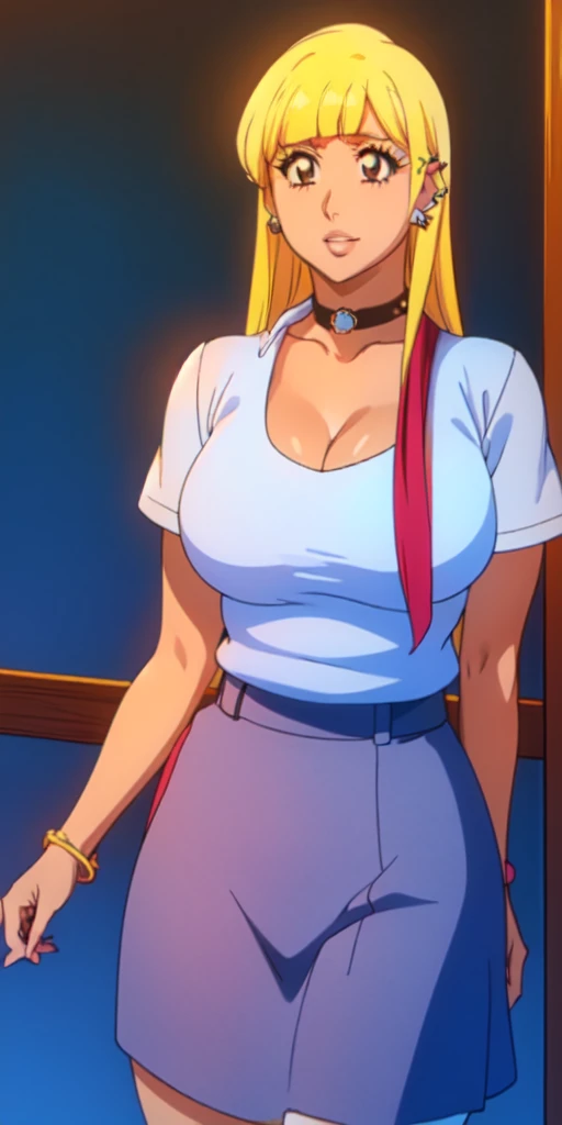 Orihime Inoue,Bleach artstyle,Big breast,Enchanted big breast,Thick lips,((((White shirt school uniform open cleavage)))),Cleavage,((((short gray skirt))))Curvy figure,Plump,Hoopa bracelet,Long nail,Side burn visible,look at viewer,(((bright yellow blond color hair))),((head facing front)),High quality,Highres,Humongous big breast,visible ear,Big cleavage,light blush,((blue Stud earring)),((A lot of piercing)),((black Chocker)),Hyper Detail,((dark colored Skin)),((tanned Gyaru)),Crossing arm,Messy hair,Detailed lips,Colorless lips,unbuttoned plain white shirt,cleavage,mono color hair,((long wavy curly hair)),((Solo)),((1girl)),light blush,(((slicked back hair))),flirty,Enchanted big breast,((Side swept hair)),ease eyebrow,Detailed eyes,Swaying hips,no sweat,((ribbonless)),calm expression,bored expression,Ease up eyebrow,Flirty attitude,Acting cute,((smug Smile)),hand in hip,symetrical bang hair,Body facing front,Gaze on front