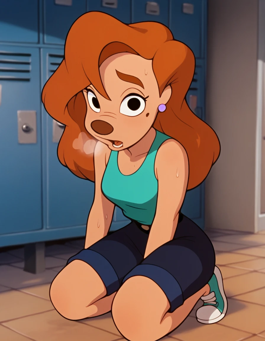 roxanne, 1girl, brown hair, long hair, solo, earrings, black eyes, green tanktop, blue shorts, furry female, shorts,, score_9, score_8_up, score_7_up, score_6_up, score_5_up, score_4_up, looking at viewer, gym locker, hands on knees, sweaty, sexy, wet with sweat, exhuasted, out of breath, breathing, dripping sweat, chin sweating, open mouth