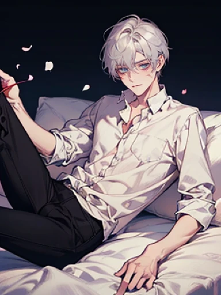 masterpiece,  ultra high definition ,  Ultra Detailed ,  best quality,  Detailed , 1 boy, male, Silver hair, Blue eyes, neat white shirt,  Black Pants ,  sexy expression,  shy ,  reddened face,  perfect face without magic circle,  beautiful face,  romance fantasy , Imperial Palace background ,  on a bed sprinkled with rose petals, Pose lying on a bed 