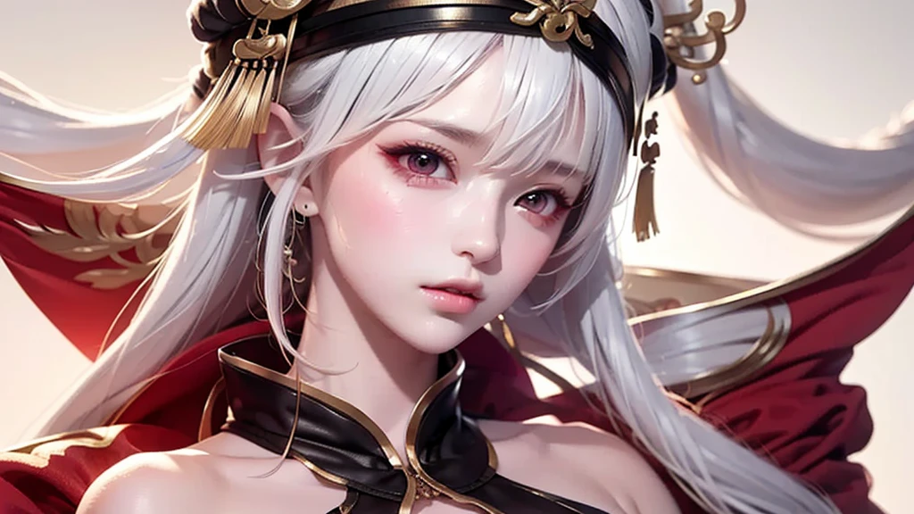 super high quality, masterpiece, Perfect illustration, Very detailed:1.6, 1girl, 23 years old, cute girl, white hair, large breasts, bright skin, Tattoo under the eyes. fantasy royalty, onmyoji, majesty, asian dress. black and gold clothes. simple background
