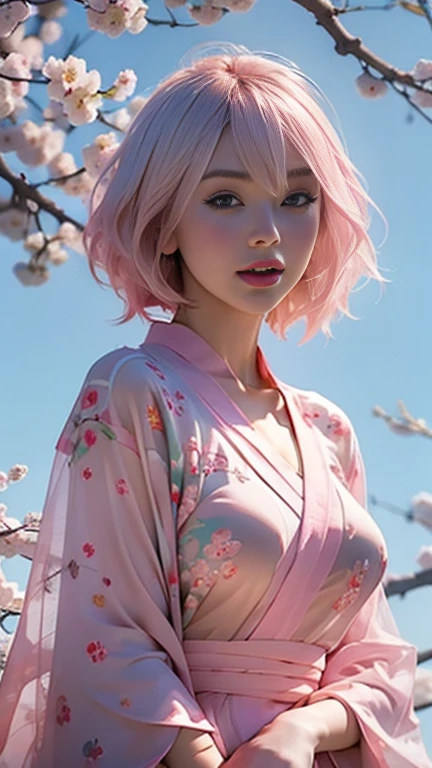 photo of celebrity, RAW, beautiful woman, ((portrait)), ((detailed face, colorful rainbow hair:1.2)), ((detailed facial feature, detailed skin, clear skin, parted lips), (perfect proportioned body, medium breasts), (?????????? an open kimono, grabbing at clothes, getting undressed, NSFW: 1.5)), (high detailed park with cherry blossoms: 1.3), (realistic photo, best quality, detailed), (8k wallpaper), (cinematic lighting, dramatic lighting) (sharp focus, intricate)