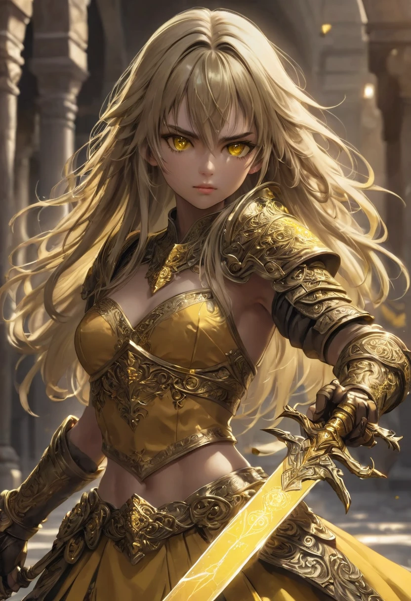 anime, Sumiria, ( Masterpiece,  better quality ,  ultra detailed ,  best shadow), ( detailed background , fancy oscura), ( human face and head detailed), (medieval) ( yellow and bronze sword ), (( hard and shattered abs )), one girl, A woman, ( yellow and bronze sword  agarrada con las dos manos), bronze sword in the hand,  better quality ,  Cinematic lighting , dark, un antiguo guerrero Slavic, diffuse lighting, fancy, intricate,  very detailed, rostro  very detailed,  realistic , fotor realistic , digital painting, Art station,  illustration, arte conceptual, soft and sharp focus, Alone, Gloves,  long hair , belly button,  blonde and brown hair ,  desert sand Palace ,  hair between the eyes , Gloves blancos,  looking at the spectator, Gloves sin dedos, Hold on to , shoulders, big belt, Elbows,  yellow eyes , (( bare abs ,  hard and marked )), happy, liar, Slavic. skinny (medieval) 