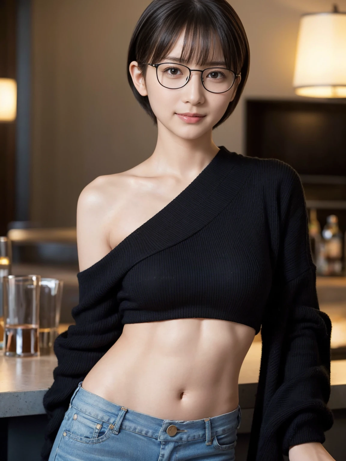 masterpiece, best quality, ultra quality, high quality, realistic, photo realistic, warm lighting,natural lighting,cinematic lighting,RAW photo, hyper detailed, intricate detailed, perfect anatomy, Fujifilm XT3,1girl,Japanese,(slender abs:1.3), (flat chests:1.3),(completely nude:1.5),(hairy pussy),camel toe, BREAK Black very short wave hair over one eye, BREAK (from front:1.1),(look at camera:1.1),smile,(blushing:1.3),teary eyes,(standing:1.2),bedroom,(mideum shot),(Glasses:1.2),(smile),(nipples),no bra,hoodie,white hoodie,