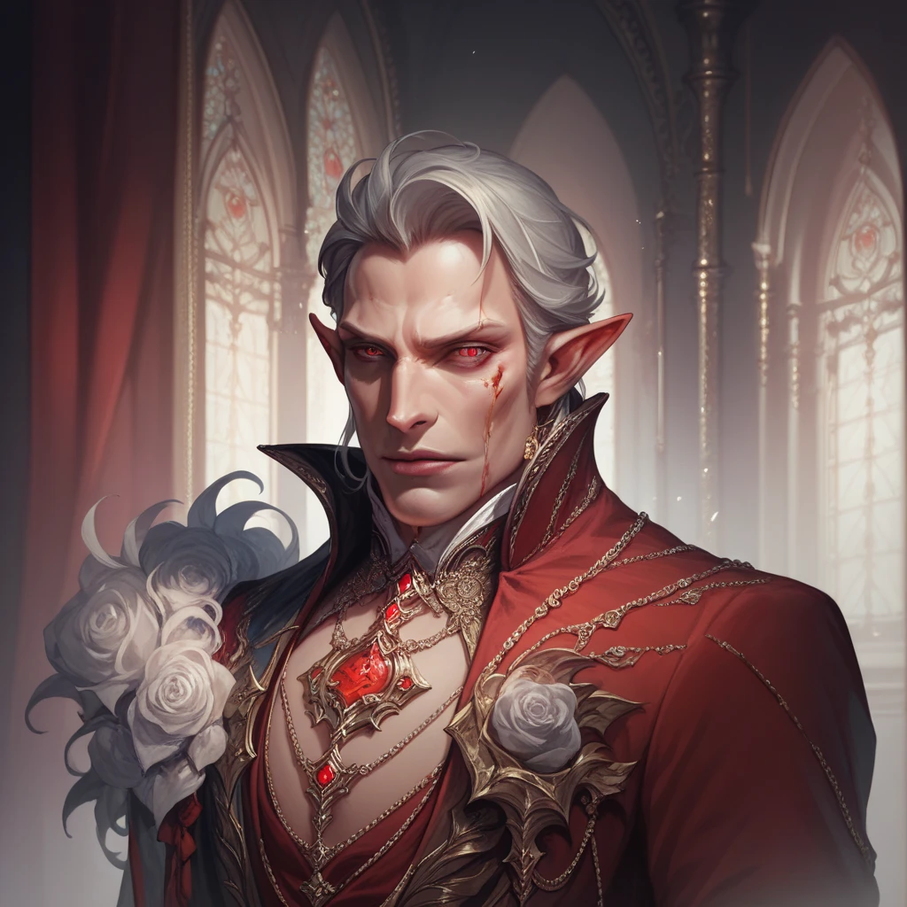 Handomse, king, white hair, male, red eyes, blood, elegant, gorgeous, fantasy, artistic, High Resolution, Award Winning, Best Quality, Detail, Pointy Ears, Red Eyes, detailed, very detailed