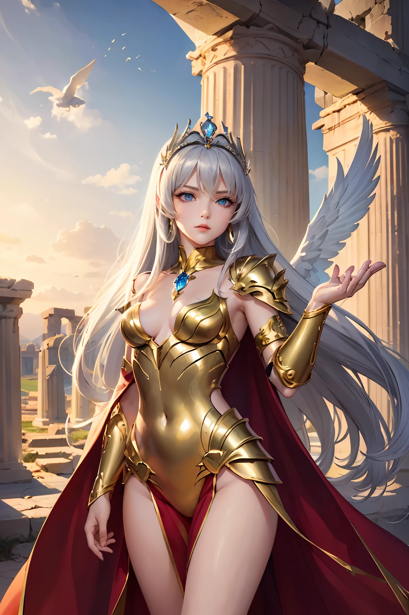 ( top quality,  masterpieces during breakfast,  and aesthetic, Super detailed CG:1.3,  Super detailed description,  perfect anatomy ), ( Head to Thigh Images ) ,  Deep Shadow , (A perfectly beautiful face:1.3), Alone, woman, (saint_Seiya _ style ,  small, elegant hair ornament ,  Stunning Intricate and Beautifully Decorated Armor ),  Detailed Breastplate and Basket , (  she takes a stylish pause from the sky and descends,  Gate of the Ruins of Good ), (Gray Hair, floating), Captivating breasts,  tiara , knight,  Watch viewers, (Beautiful and timeless face ,  pale pink lips ,  beautiful blue eyes,  attractive expression ),  Anatomically accurate and beautiful body shape , Accurate hand drawing, ( intricate detail against the backdrop of ancient Greek ruins ),  sexy waist , Complex Equipment, Golden Armor, (Pegasus Cloth Armor ,saint Seiya  ), dark red cloak,  Detailed illustrated art with background, 