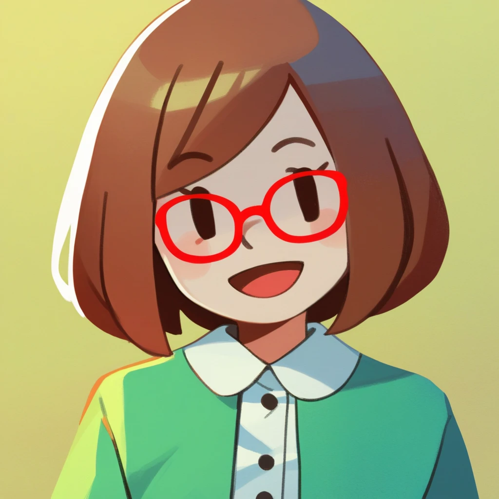 zPDXL, score_9_up, score_8_up, score_7_up, best quality,  source_anime, yellow background, arms at sides, BREAK 1girl, solo, nikki_(/swapnote/), brown hair, dot eyes, red glasses, bob cut, white button shirt, green coat, long sleeves, skirt, smile, open mouth, looking at viewer, standing, portrait, 