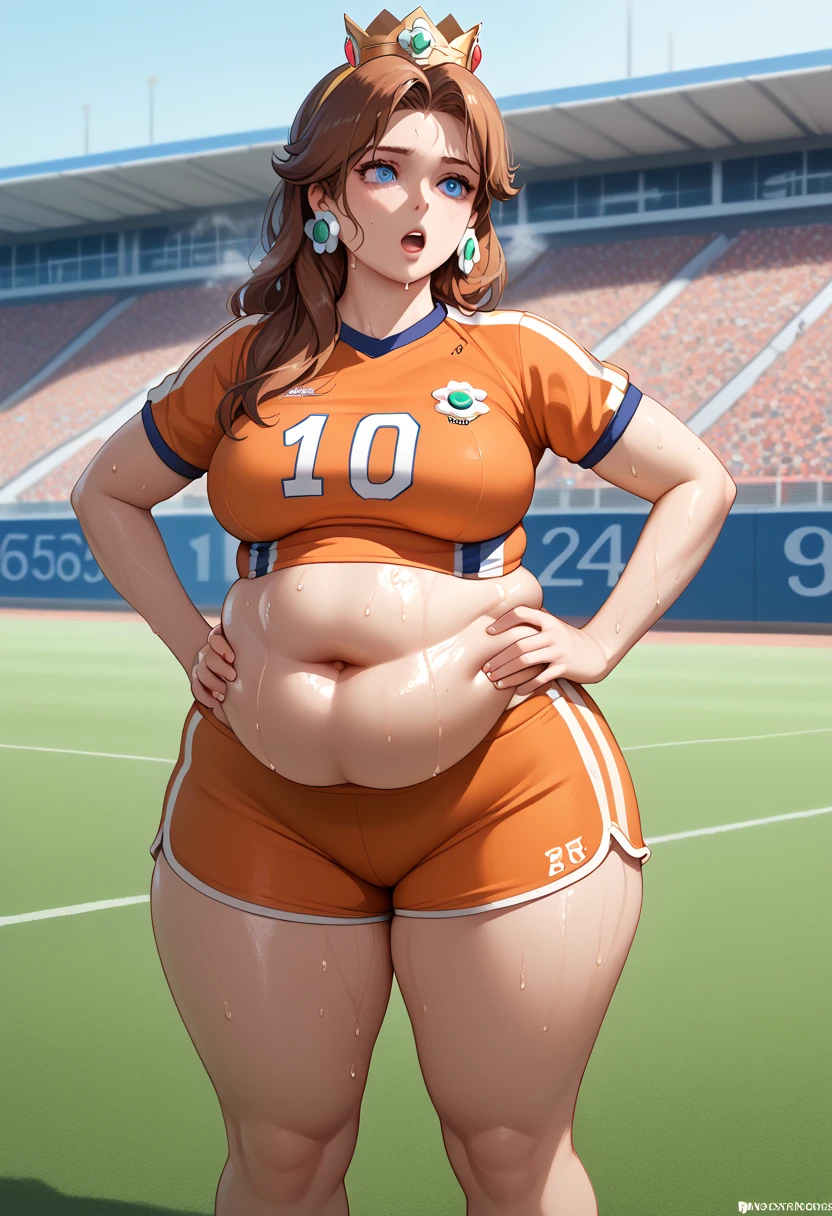 Daisy,brown hair,blue eyes,long hair,flower earrings,small crown, number 8 soccer uniform, short sleeves, orange shorts, midriff, number 8, standing, sweaty, exhausted, hand on hips soccer field, science fiction, outdoors, (insanely detailed, masterpiece, best quality), sweating profusely, exhausted, breathing, open mouth, steam coming out of her mouth, tight red gym shorts, tight red gym tank top, hands on hips, dripping sweat, dripplits of sweat on the floor, puddle of sweat, thick, obese, soft belly, chubby, wide hips, sexy hips, full body, big belly, thicc thighs