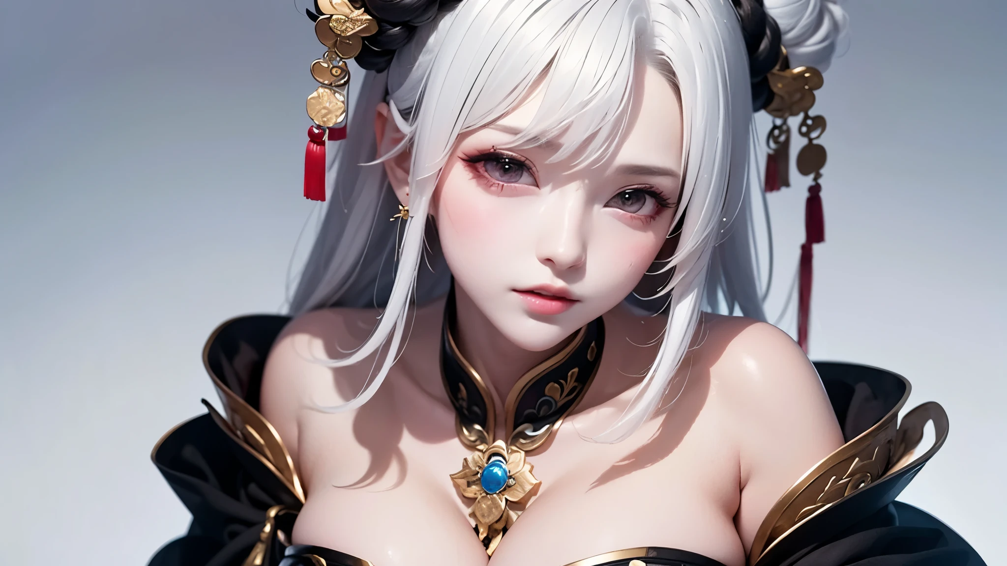 super high quality, masterpiece, Perfect illustration, Very detailed:1.6, 1girl, 23 years old, cute girl, white hair, large breasts, bright skin, Tattoo under the eyes. fantasy royalty, onmyoji, majesty, asian dress. black and gold clothes. simple background
