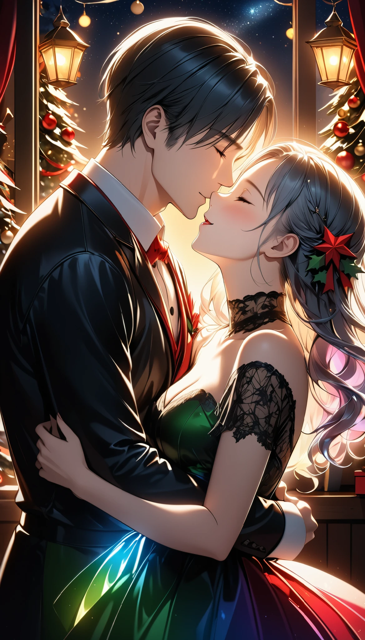 Dynamic, Christmas Eve Illustration, will cheer you up, perfect light art, increase transparency, Clear multi-color, coloring with transparent backlight to enhance transparency, Perfect light, (masterpiece, top quality:1.2, Max Image, highest resolution, 16k), Super Retina, high performance CG rendering), A couple going on a date, A very happy kiss , Dark night sky, mystical expression for Christmas Eve, ABM, ROUGH, Gothic,