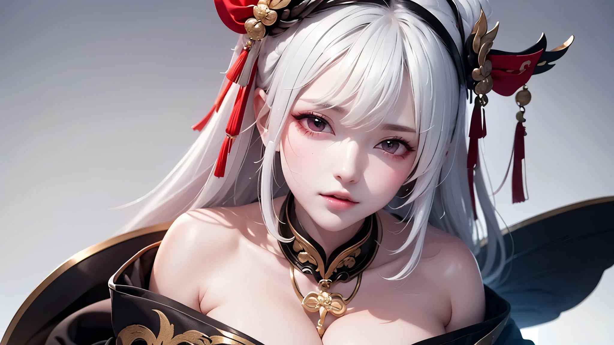 super high quality, masterpiece, Perfect illustration, Very detailed:1.6, 1girl, 23 years old, cute girl, white hair, large breasts, bright skin, Tattoo under the eyes. fantasy royalty, onmyoji, majesty, asian dress. black and gold clothes. simple background
