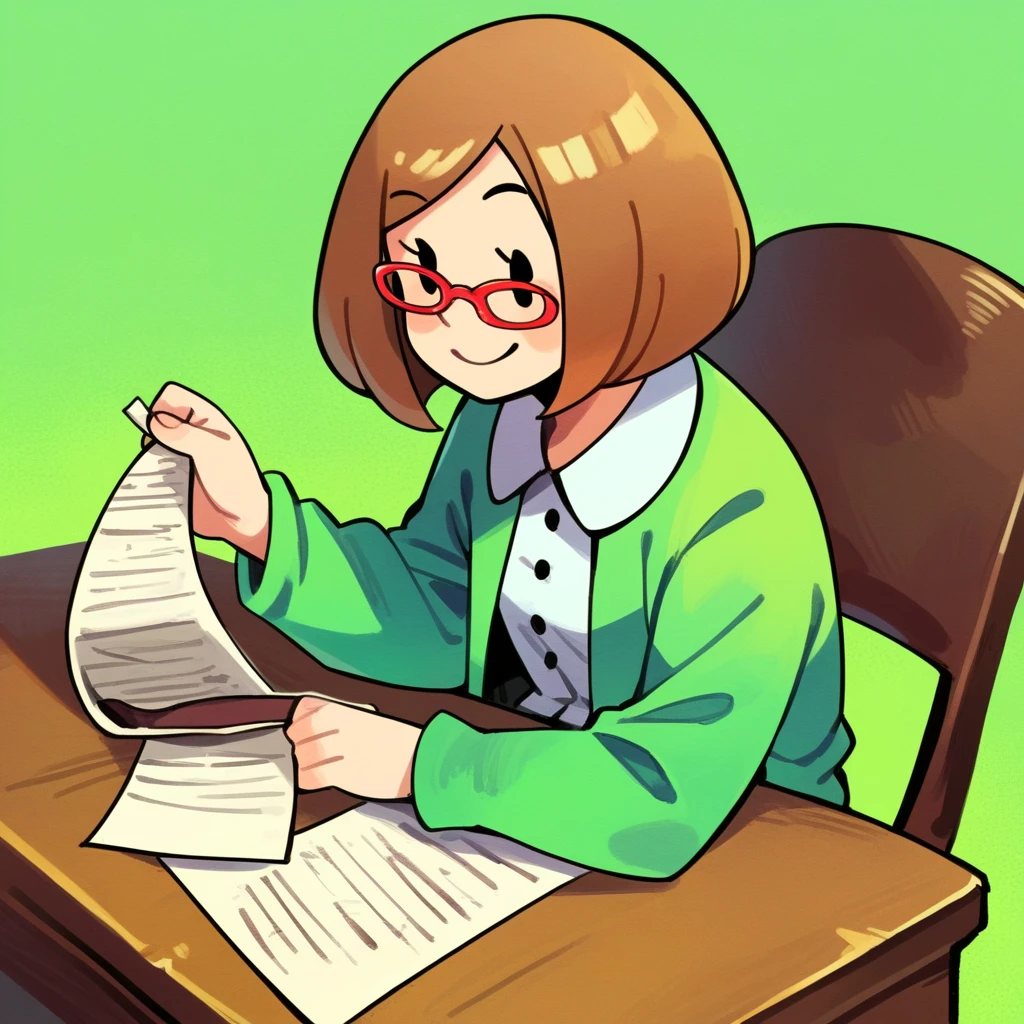 zPDXL, score_9_up, score_8_up, score_7_up, best quality,  source_anime, green background, detailed background, BREAK 1girl, solo, nikki_(/swapnote/), brown hair, dot eyes, red glasses, bob cut, white button shirt, green coat, long sleeves, smile, open mouth, desk, papers, (chair, sitting on chair, sitting at desk:1.3), 