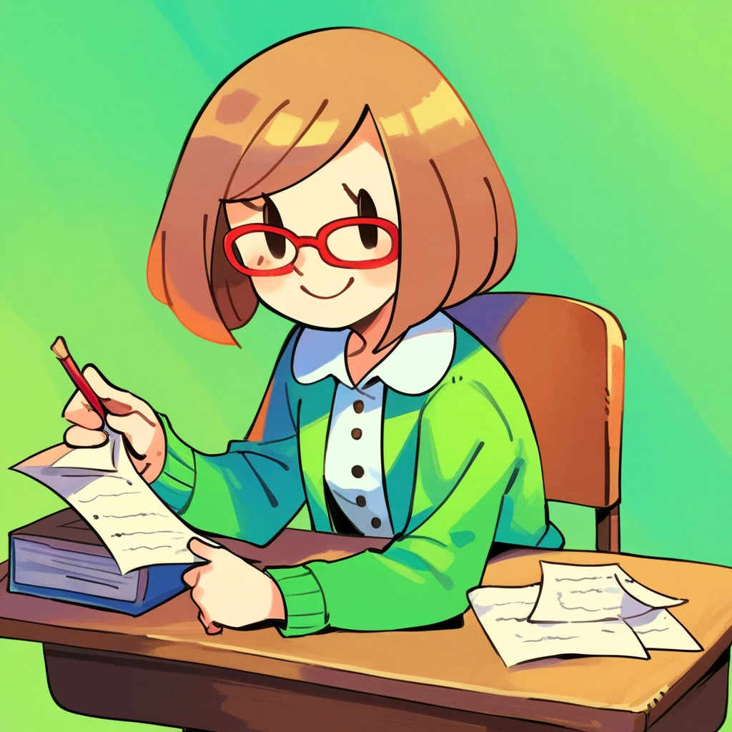 zPDXL, score_9_up, score_8_up, score_7_up, best quality,  source_anime, green background, detailed background, BREAK 1girl, solo, nikki_(/swapnote/), brown hair, dot eyes, red glasses, bob cut, white button shirt, green coat, long sleeves, smile, open mouth, desk, papers, (chair, sitting on chair, sitting at desk:1.3), 