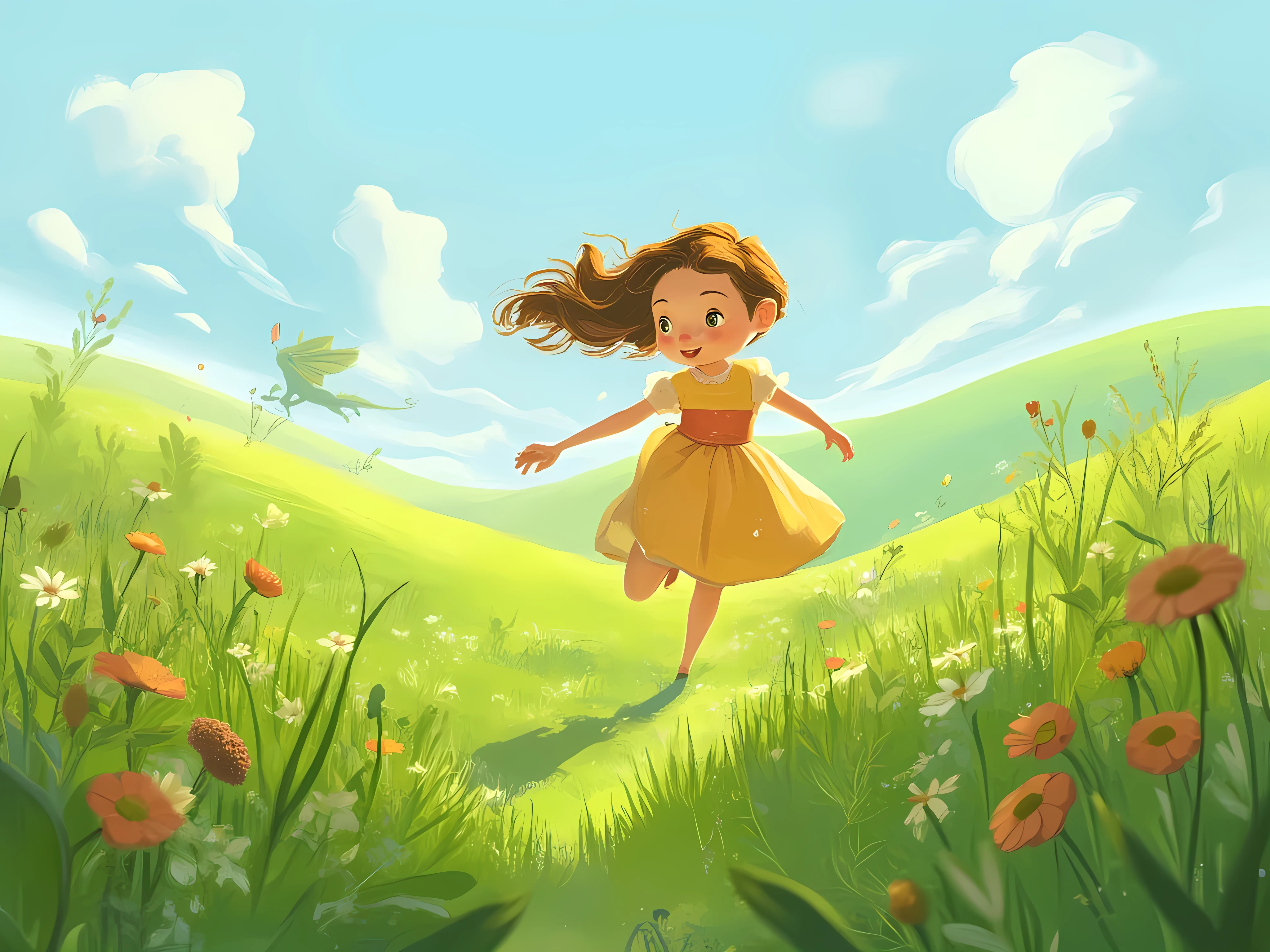 a super cute girl running towards green fields, wind blows, her hair flows with the wind. open sky but a dragon in the distance