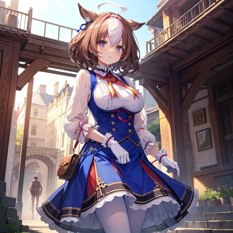 (( top quality)), ((masterpiece)), (  Details), ( super high resolution)、Famous place road head 、
Ahoge、 headband、horse ear、majiriwei、 big big breasts 、
Frills、 white shirt、 Long Sleeve 、 white gloves、 blue skirt、 white pantyhose 、 shoulder bag 、
 perfect face、 perfect body、超 Detailsな瞳、超 Detailsな瞳、( perfect finger、Perfect Arms)、
whole body、 standing、( Cowboy Shots 1 & 3)、
 place your hand on your chest、
blue sky、 beautiful prairie、 professional lighting、８k、